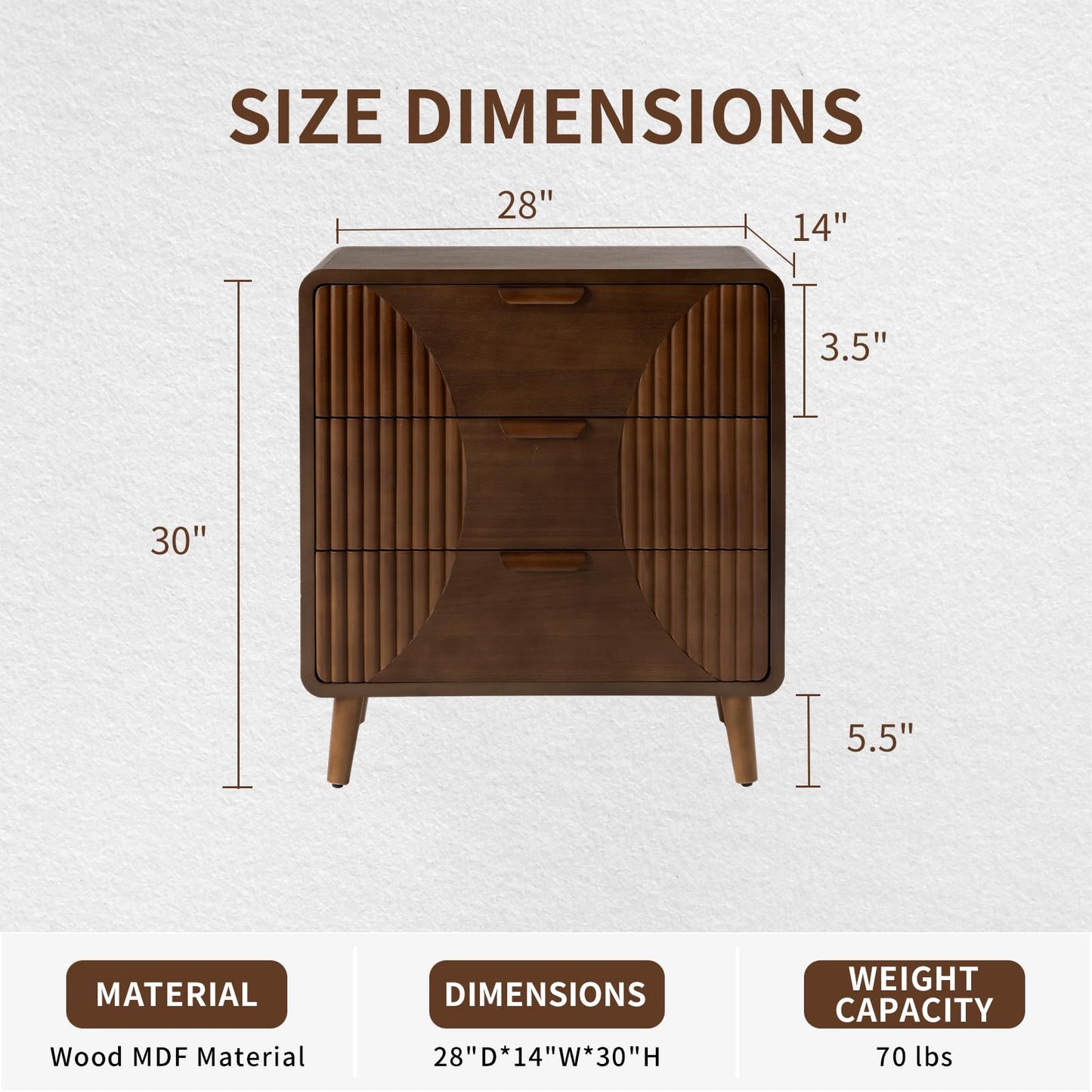 COSIEST Tall Nightstand with 3 Drawers, Mid-Century Modern Fluted Bedside Table, Walnut Wood Accent Cabinet with Storage for Bedroom, Brown