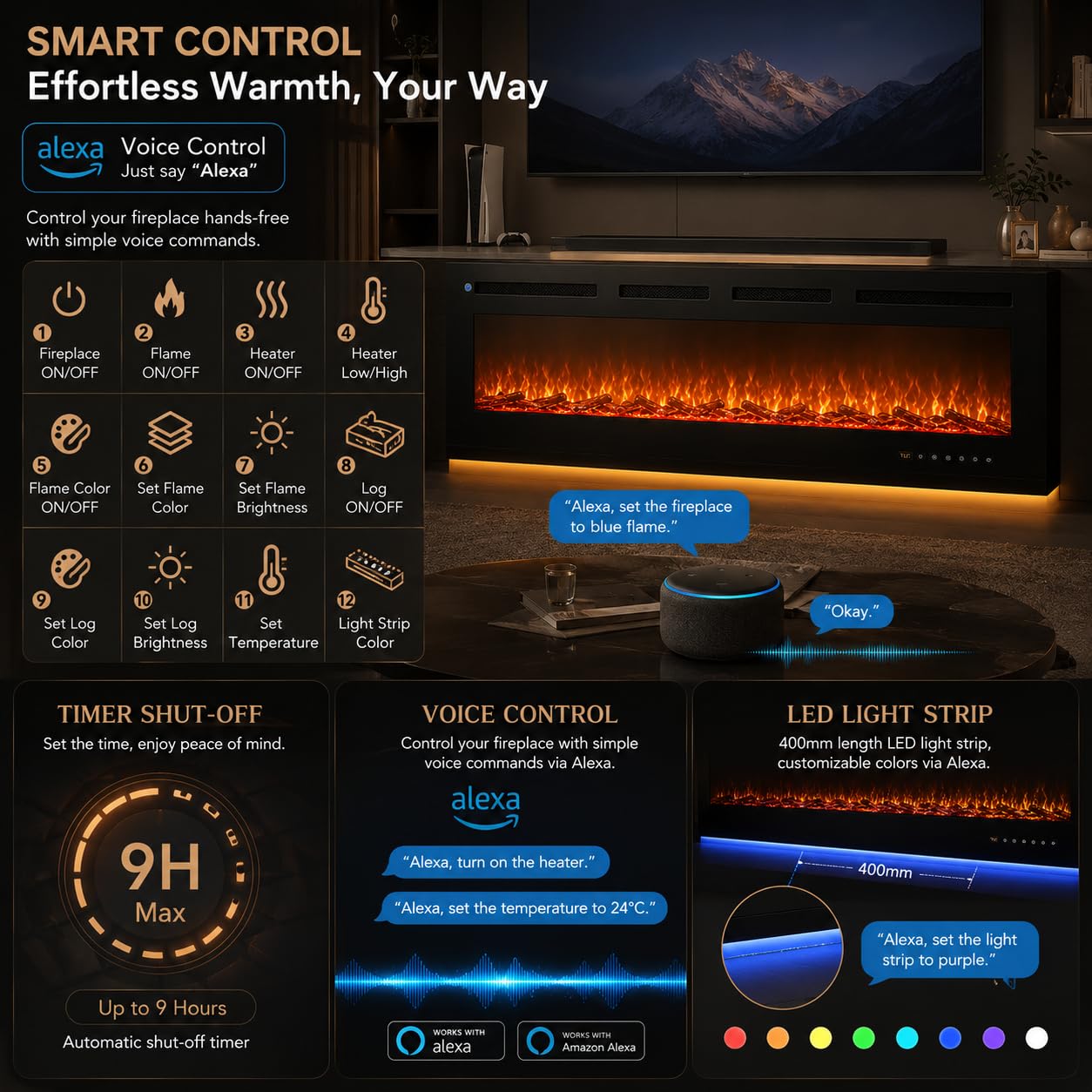 OneBlis 90" Fireplace TV Stand for TVs Up to 100",Entertainment Center with 50” Electric Fireplace and 12 Colors LED Lights,Large TV Console with Storage Cabinet for Living Room,All Black
