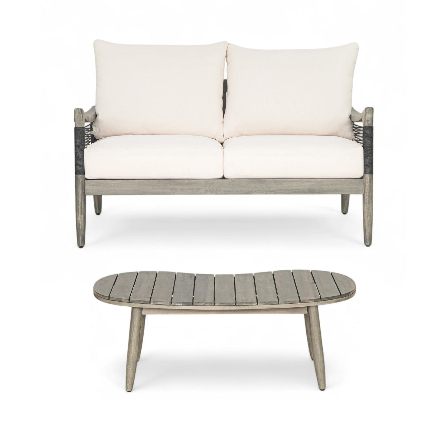 Christopher Knight Home Havets 2 Piece Patio Conversation Sets, Outdoor Acacia Wood Patio Seating Group,Woven Rope Loveseat with Cushions and Coffee Table for Porch Garden Backyard Balcony, Gray+Beige