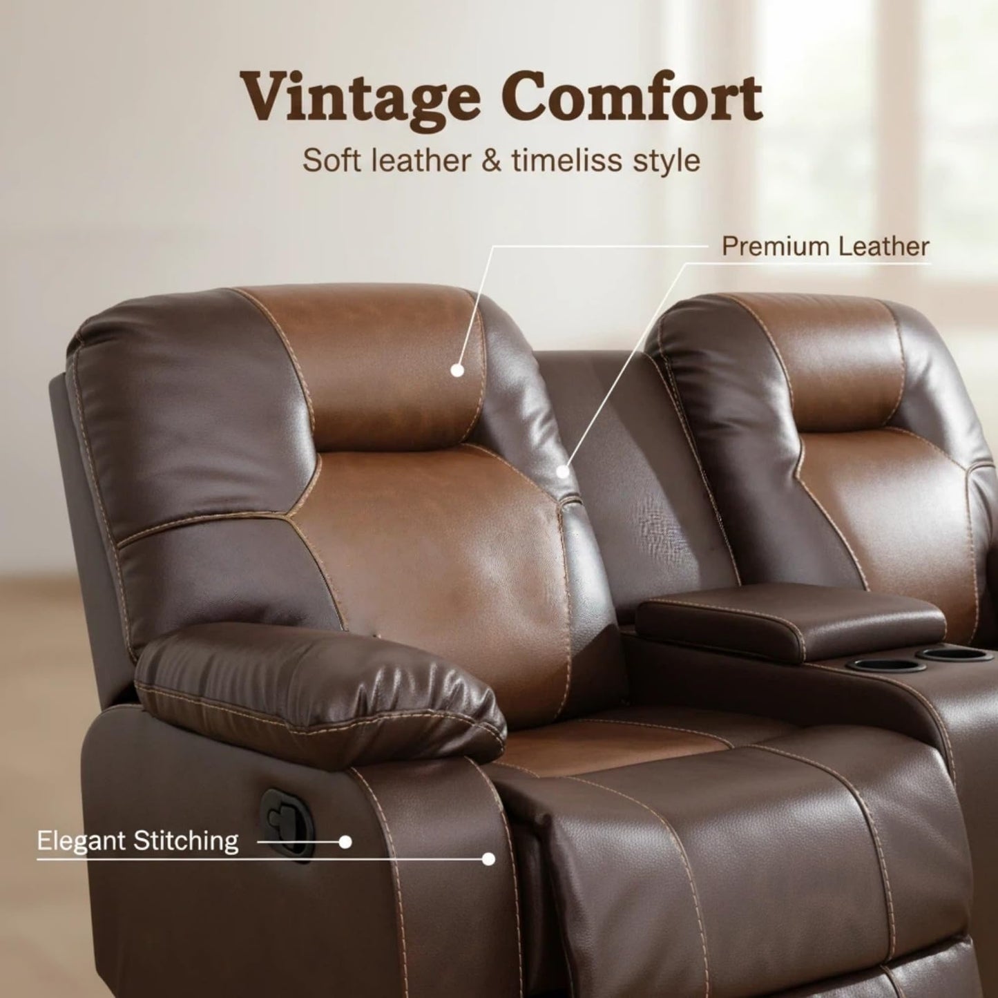Trygoal Leather Recliner Sofa Set, Living Room Furniture Set, Adjustable Backrest Reclining Loveseat Sofa with Storage Console & Cup Holders, Manual Recliner Chair for House, Home Theater, Brown