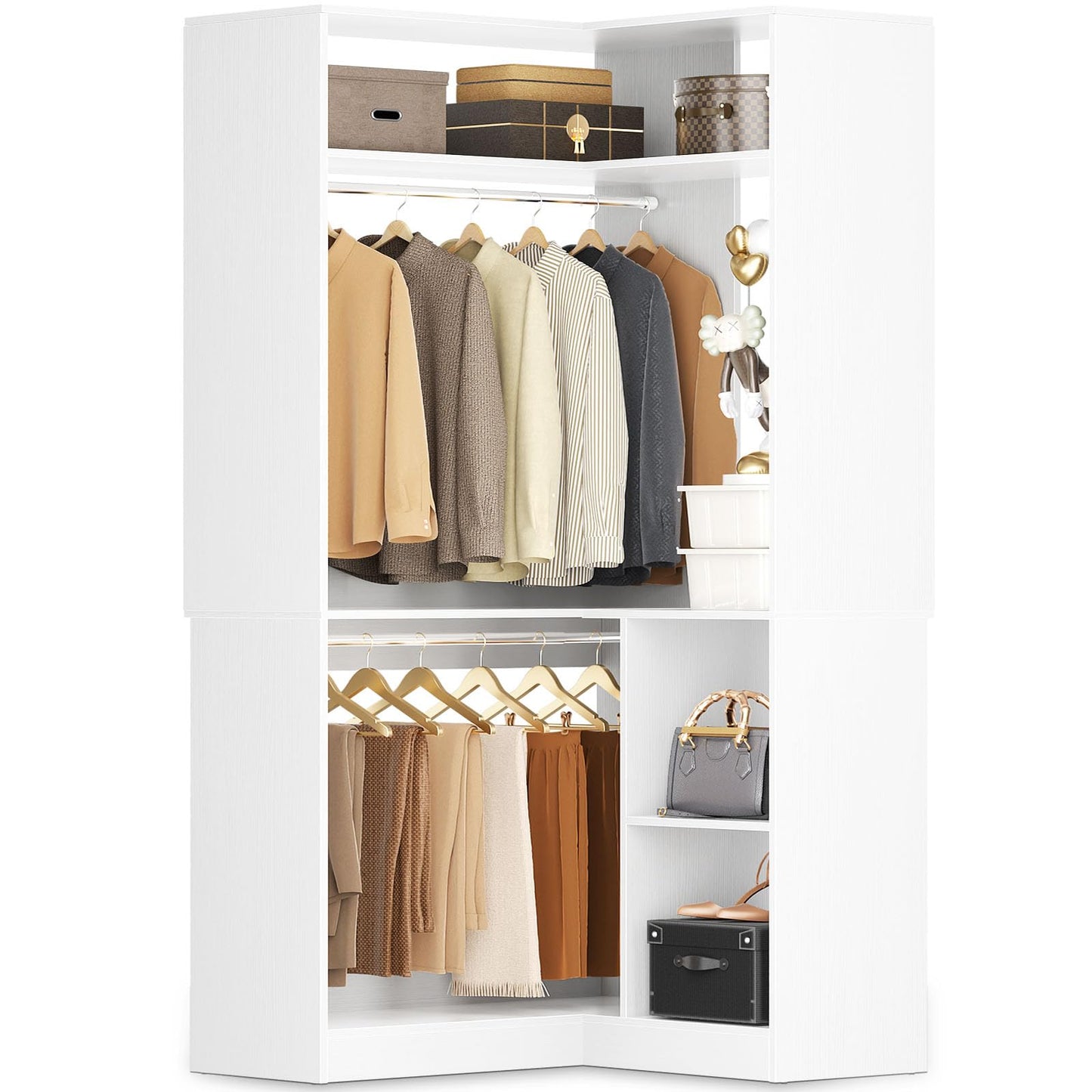 Aheaplus Corner Closet System With Shelves, 34'' Organizer With Hanging Rods, Wood Walk-in for Small Space, Freestanding Tower, L Shaped Garment Rack, White