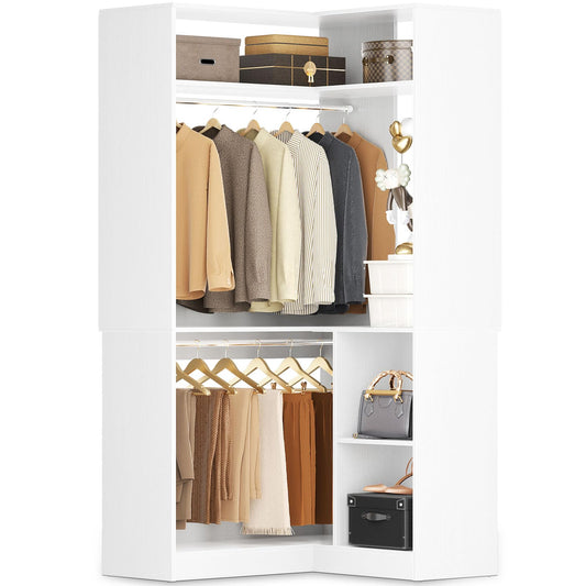 Aheaplus Corner Closet System With Shelves, 34'' Organizer With Hanging Rods, Wood Walk-in for Small Space, Freestanding Tower, L Shaped Garment Rack, White