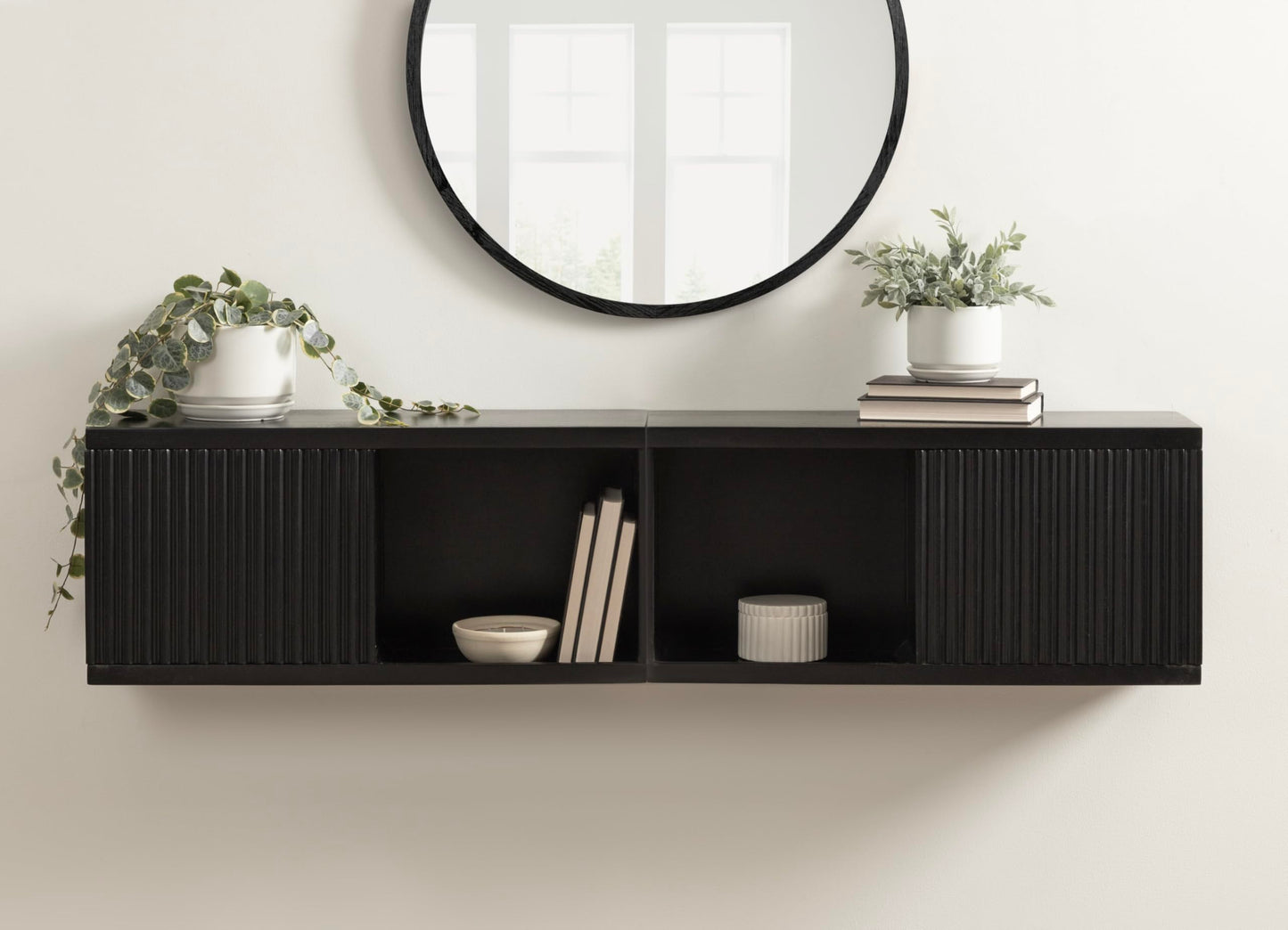 Kate and Laurel Furrow Modern Wooden Sliding Ribbed Door Wall Cabinet; 30 x 10 x 14; Black; Decorative Storage Cabinet with Sliding Door for Use as Floating Nightstand or Floating TV Shelf