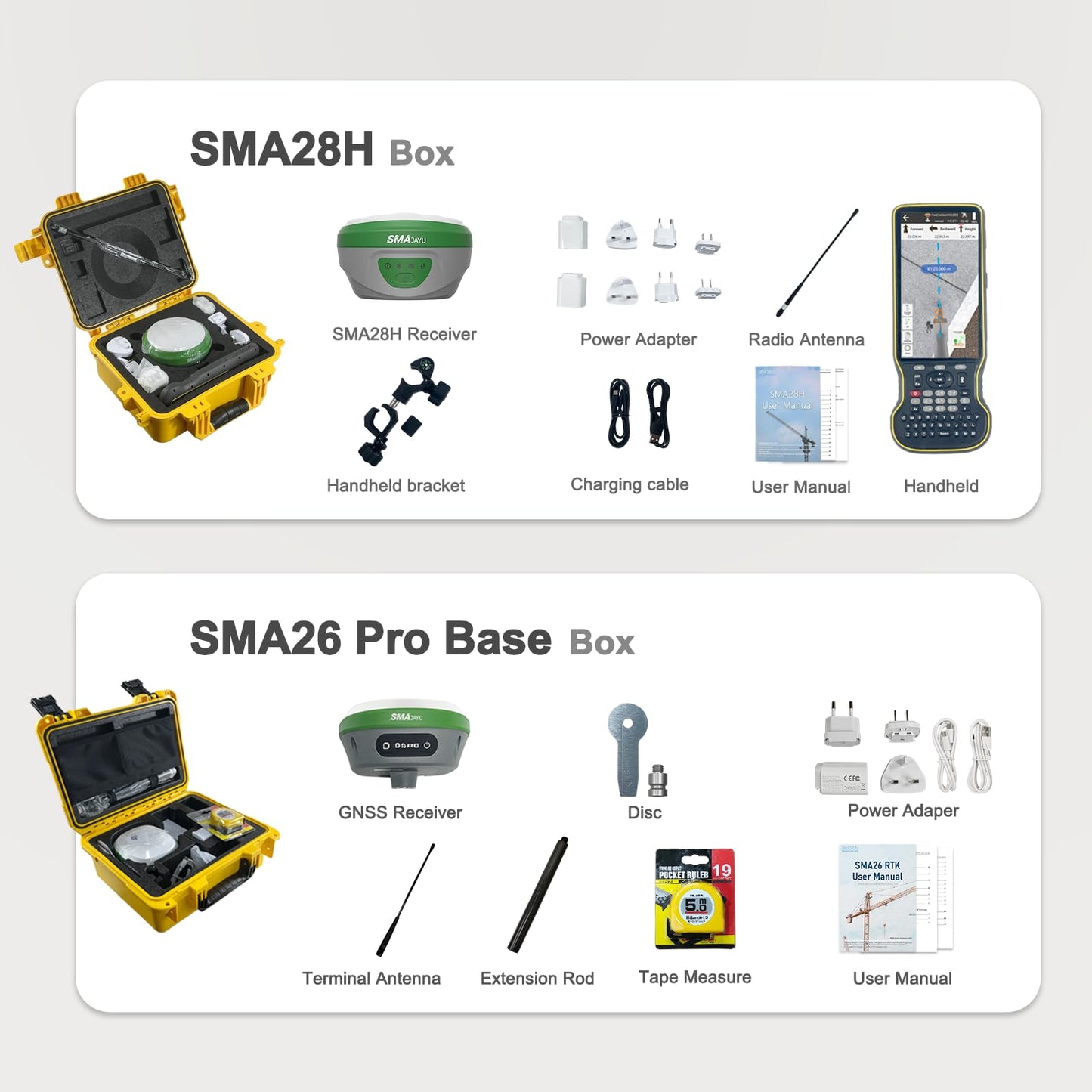 SMAJAYU SMA28H Laser AR Rover RTK & SMA26 Pro Base GNSS Survey System Work as Base Station for Drones/UAVs Dual Cameras AR Visual Stakeout|Laser 30m|2cm Accuracy|120° IMU|15km UHF|4G/BT/NFC/PPK/NTRIP