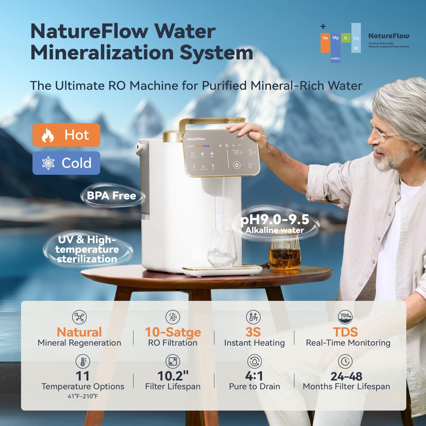 NatureFlow Y60AC（2nd Gen Cold & Hot Countertop Reverse Osmosis Water Mineralization System— Natural Mineral Activation, 10-Stage RO Filtration,Ultra Dual UV, Alkaline Water, 11-Temperature