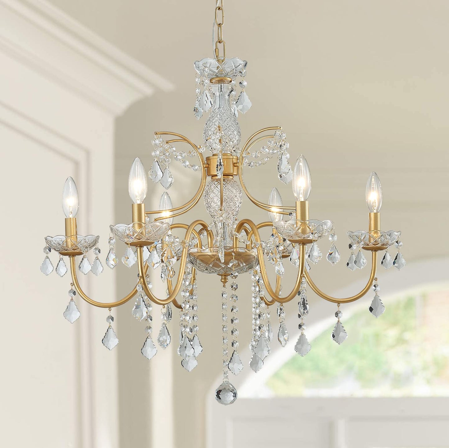 Bestier Crystal Candle Candelabra Chandelier 6 Light Pendant Light 26in Diameter x 26in Height Gold Finish Model AK-AJ-18174