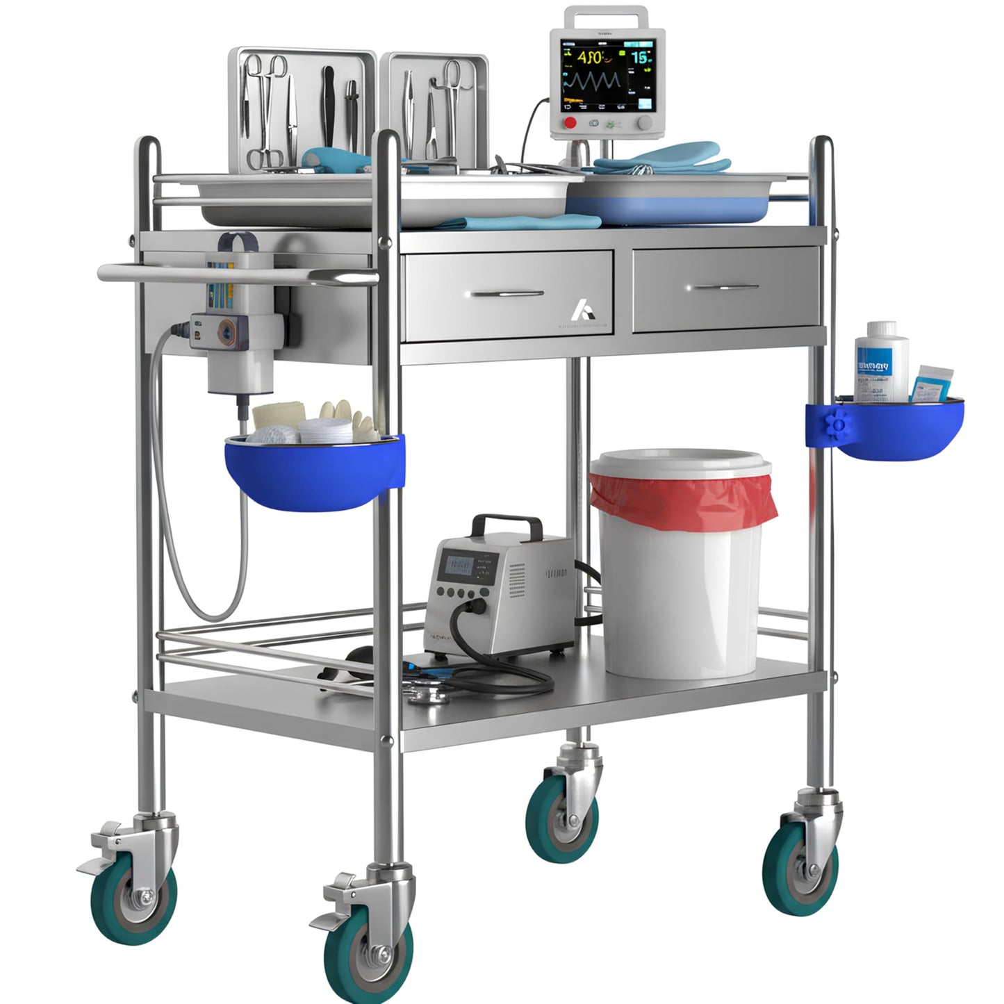 Avicenna Innovations *Improved & Upgraded* Medical Stainless Steel 2 Tier Rolling Cart with Wheels and Drawers | Dental Hospital Nursing Trolley | Easy-to-Disinfect Phlebotomy Mobile Workstation