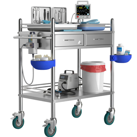 Avicenna Innovations *Improved & Upgraded* Medical Stainless Steel 2 Tier Rolling Cart with Wheels and Drawers | Dental Hospital Nursing Trolley | Easy-to-Disinfect Phlebotomy Mobile Workstation