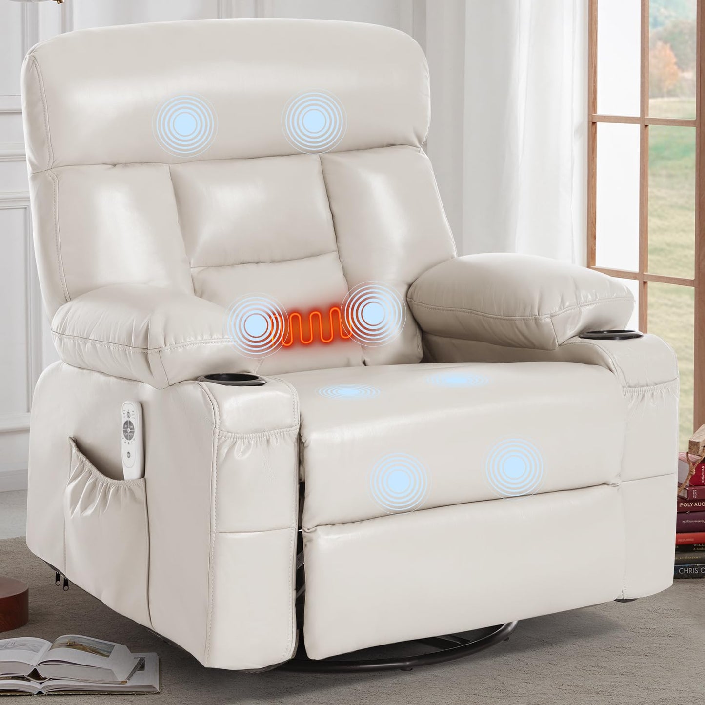 Comermax Rocking Recliner with Heat and Massage, Wide Seat Heated Massaging Reclining Chair for Home Theater, Faux Leather Manual Swivel Rocker Recliner Chair with Cup Holder for Adult, Beige