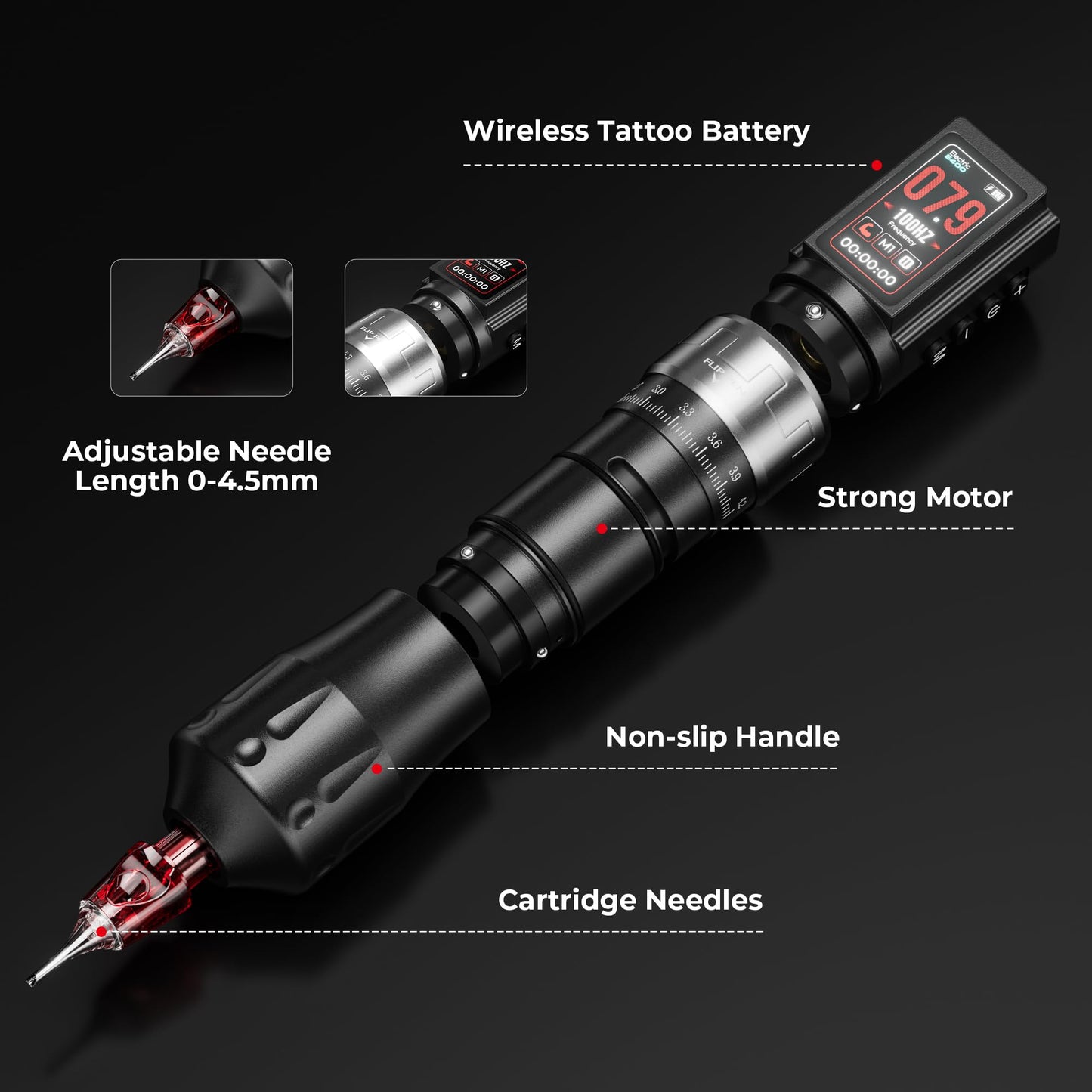CNC Wireless Tattoo Machine with 3600mAh Dual Batteries Adjustable 7 Strokes 2.4-4.2mm Rotary Pen LED Display Brushless Motor Tattoo Gun for Tattoo Artists Supply Black CNC-M2-E400-1