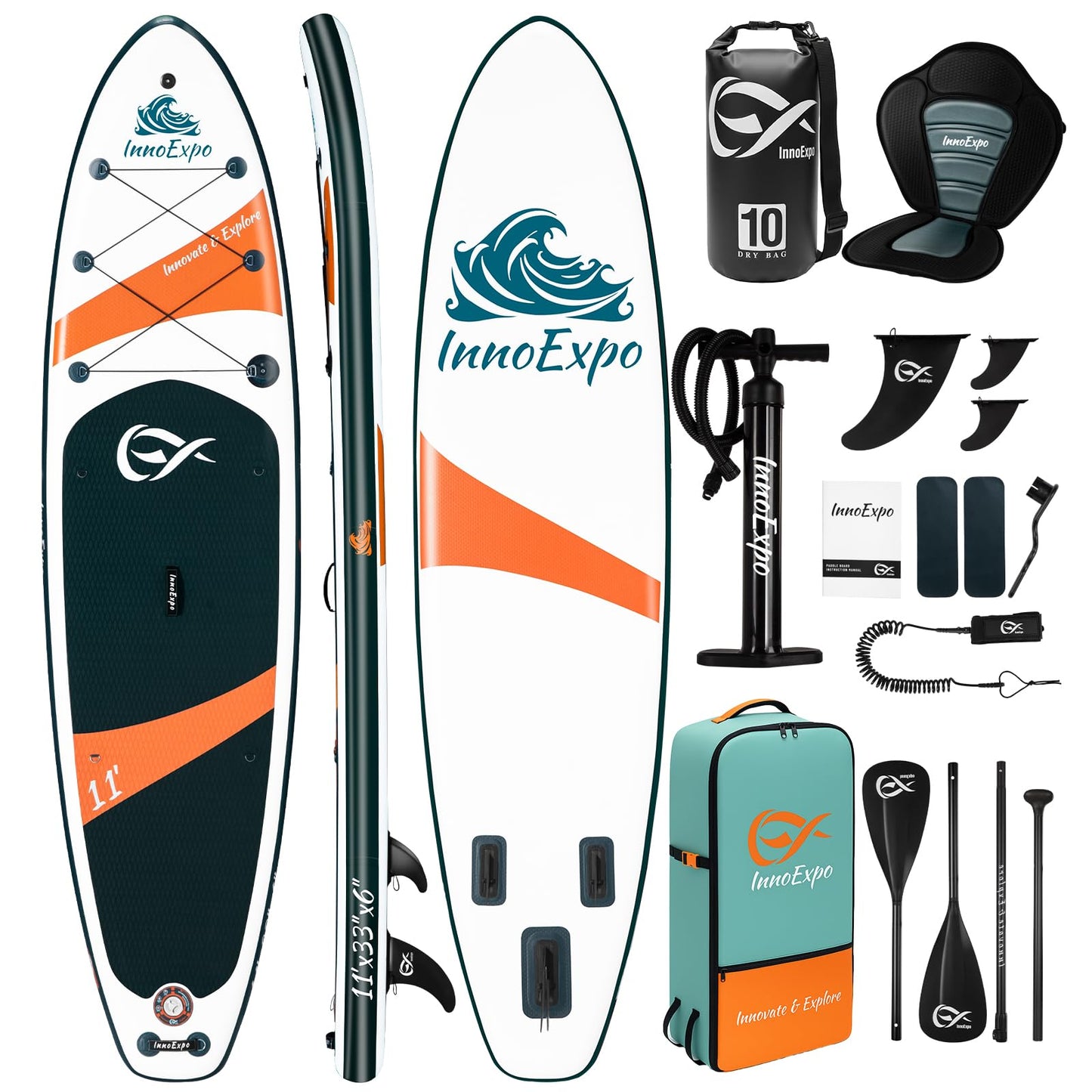 InnoExpo Inflatable Stand Up Paddle Boards with Premium Accessories, Wide Stable SUP Paddle Board Design, Non-Slip Comfort Deck for Youth & Adults (Dark Teal/Kayak Seat, 11'x33''x6'')