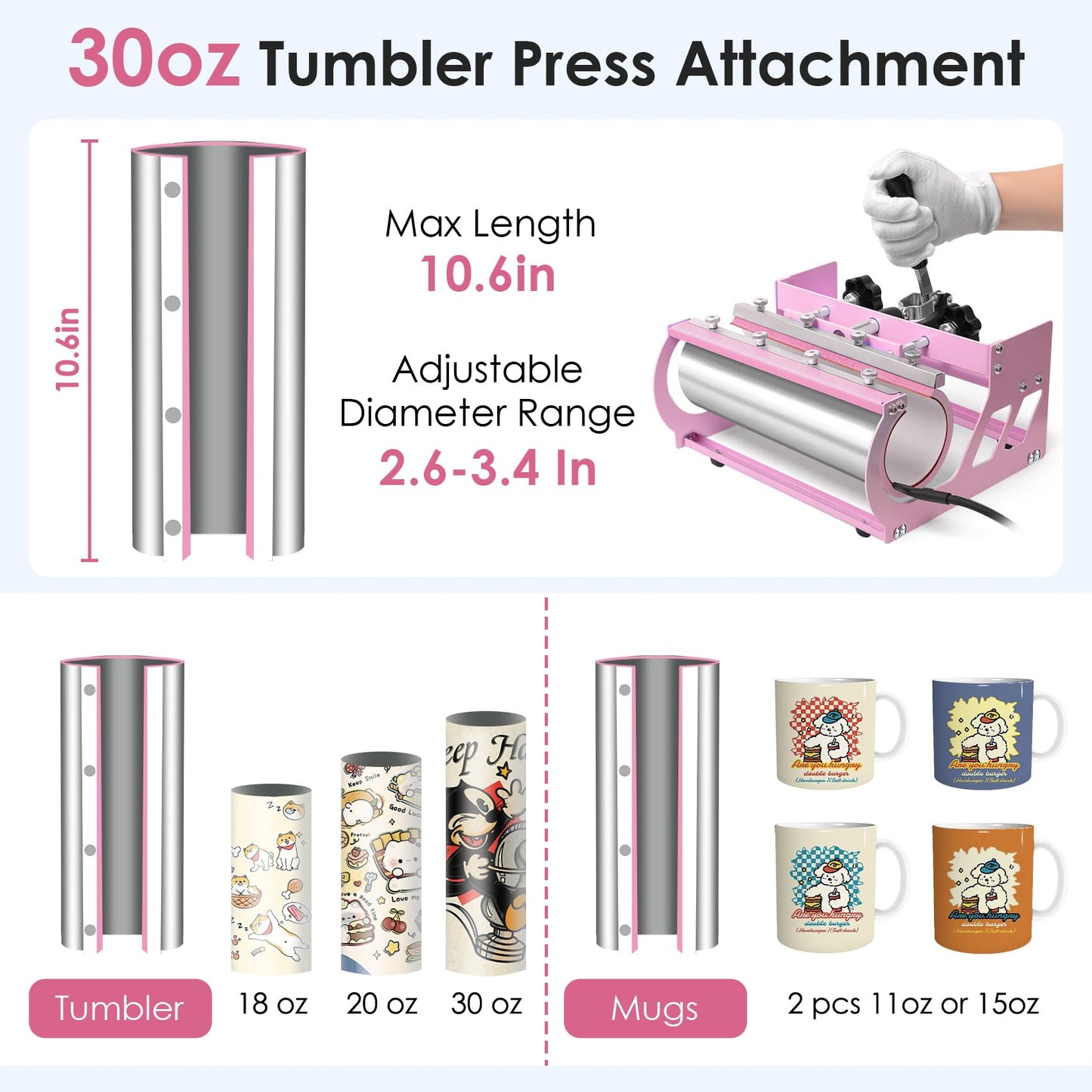 Seeutek 8 in 1 Heat Press Machine 15x15 Inch, Swing Away Digital Sublimation Heat Transfer Press with 20oz & 30oz Tumbler Attachments for T-Shirts, Mugs, Hats & Plates, Pink