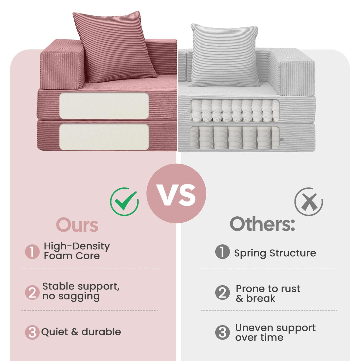 COMAX Futon Sofa Bed, 4‑in‑1 Convertible Sofa Bed, Folding Boneless Couches for Living Room, Fold Out Small Foldable Loveseat Floor Sleeper Comfy Mattress Lounge Space‑Saving, Pink