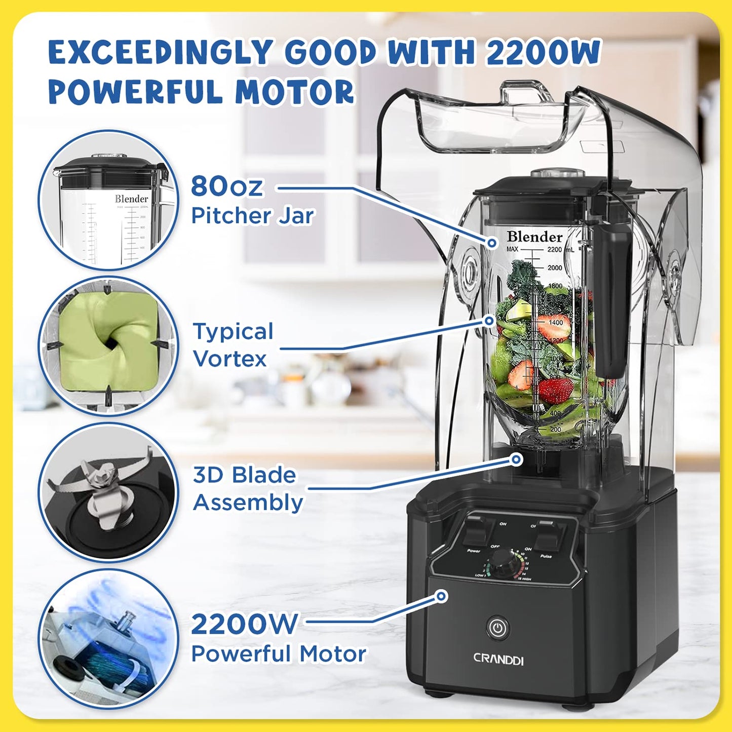 CRANDDI Quiet Commercial Blender with Soundproof Shield, 2200 Watt Professional Blenders for Kitchen with 80oz Jar and Self-Cleaning, High-Speed Blenders K90 Grey