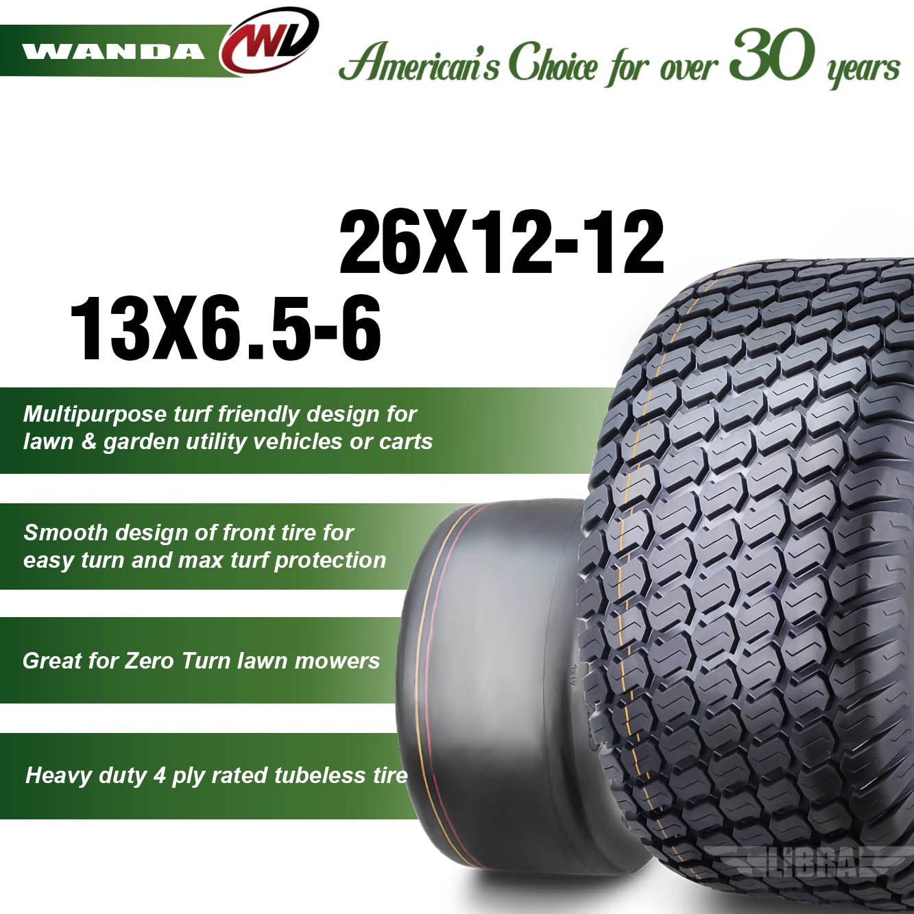 WANDA Set 4 13X6.5-6 & 26X12-12 Zero turn Lawn Mower Tractor Cart Turf Tires 4 Ply-13207/13056