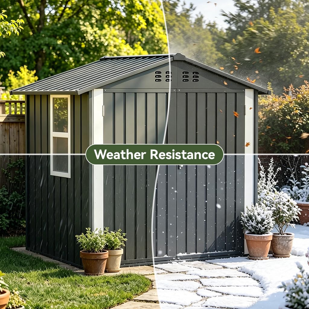 COMHOMA Outdoor Storage Shed with Window,Metal Lockable Garden Toolhouse, Ventilated Weather-Resistant Backyard Utility Workshop for Storage(Light Grey,6x4ft)