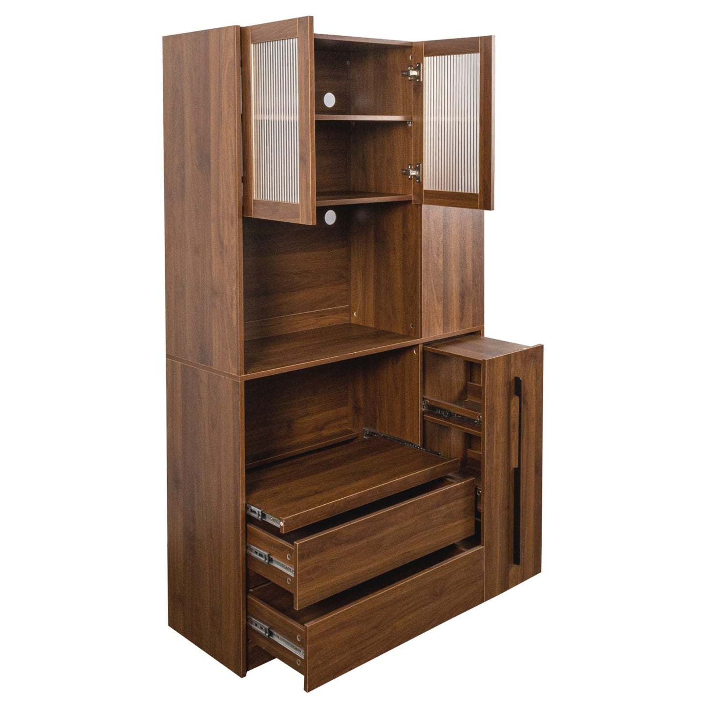 KEIKI 70.87" Tall Kitchen Pantry Storage Cabinet with Pull-Out Shelf, Side Shelves, 2 Drawers, Glass Doors & Microwave Stand, Freestanding Wood Hutch Food Pantries Cupboard for Dining Room