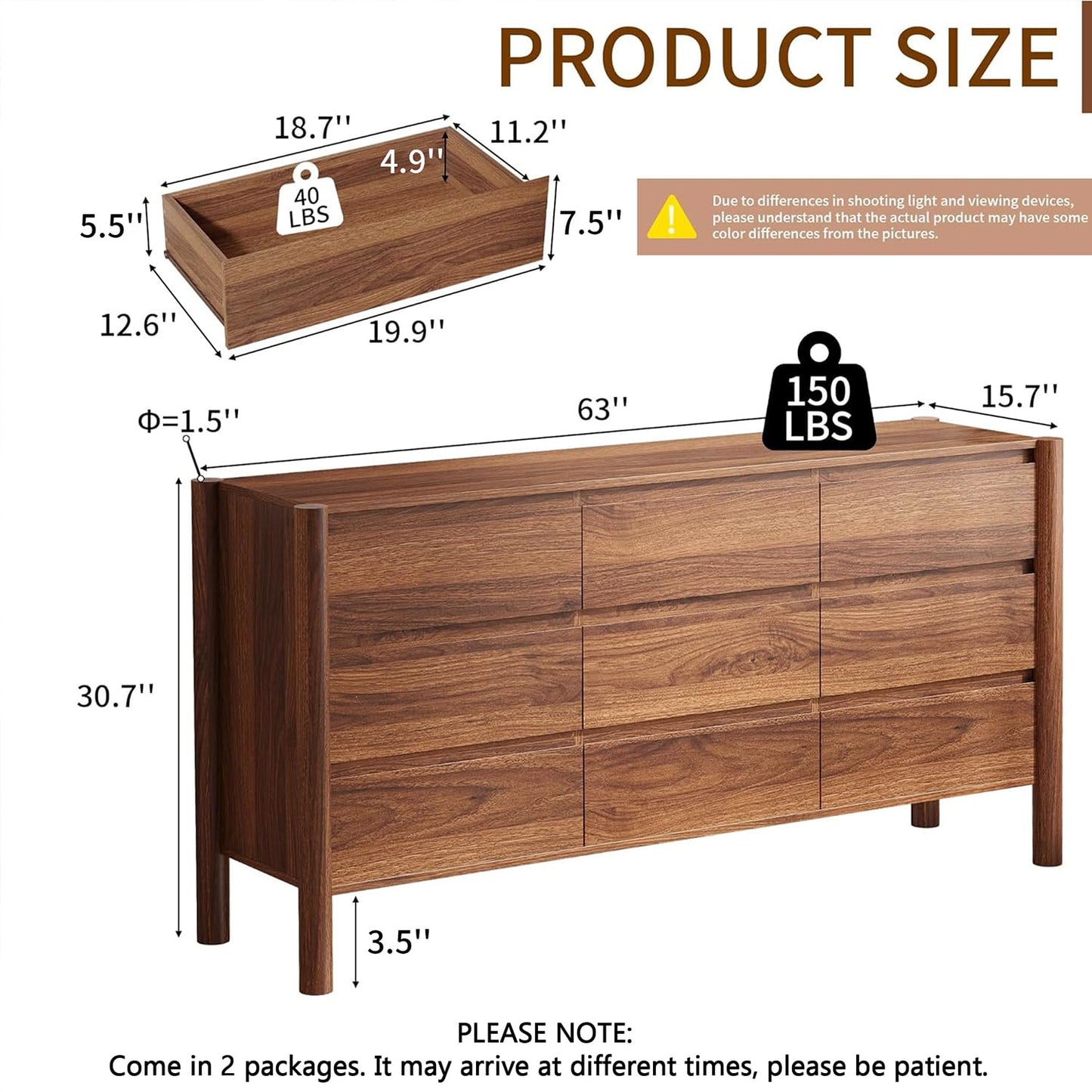 CHUWELL 3-Piece Bedroom Dresser Set-9 Drawer Dresser & 2 Nightstands,63" Wide Walnut Dresser and Night Stands with Solid Wood Cylindrical Legs,Rustic Wooden Storage for Bedroom