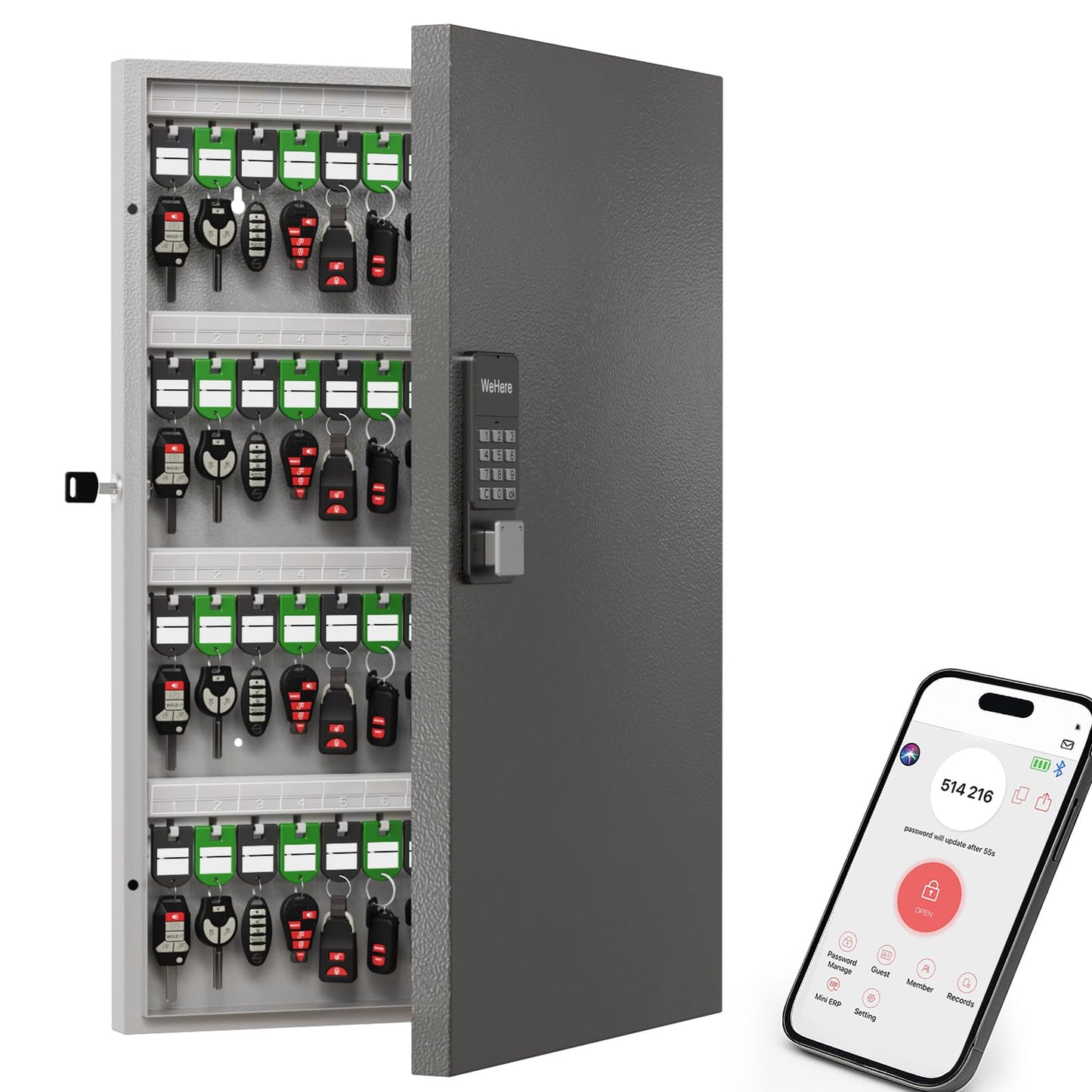 WeHere 96-Key Smart Key Lock Box, Wall-Mount Key Cabinet with Key Management App(Track Key Borrow/Return), Keypad, Bluetooth & WiFi Unlock (Sold Separately) for Commercial, School, Rental, Office