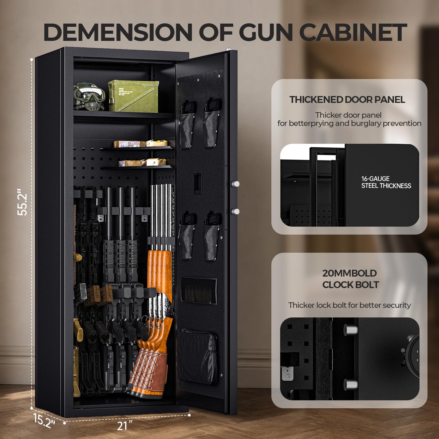 KAER 12-16 Gun Safe with Digital Electronic Keypad and Fingerprint, Heavy-Duty Long Rifle Safe for Rifles and Pistols With Removable Shelves, For Living Room Office Garage Shooting Range