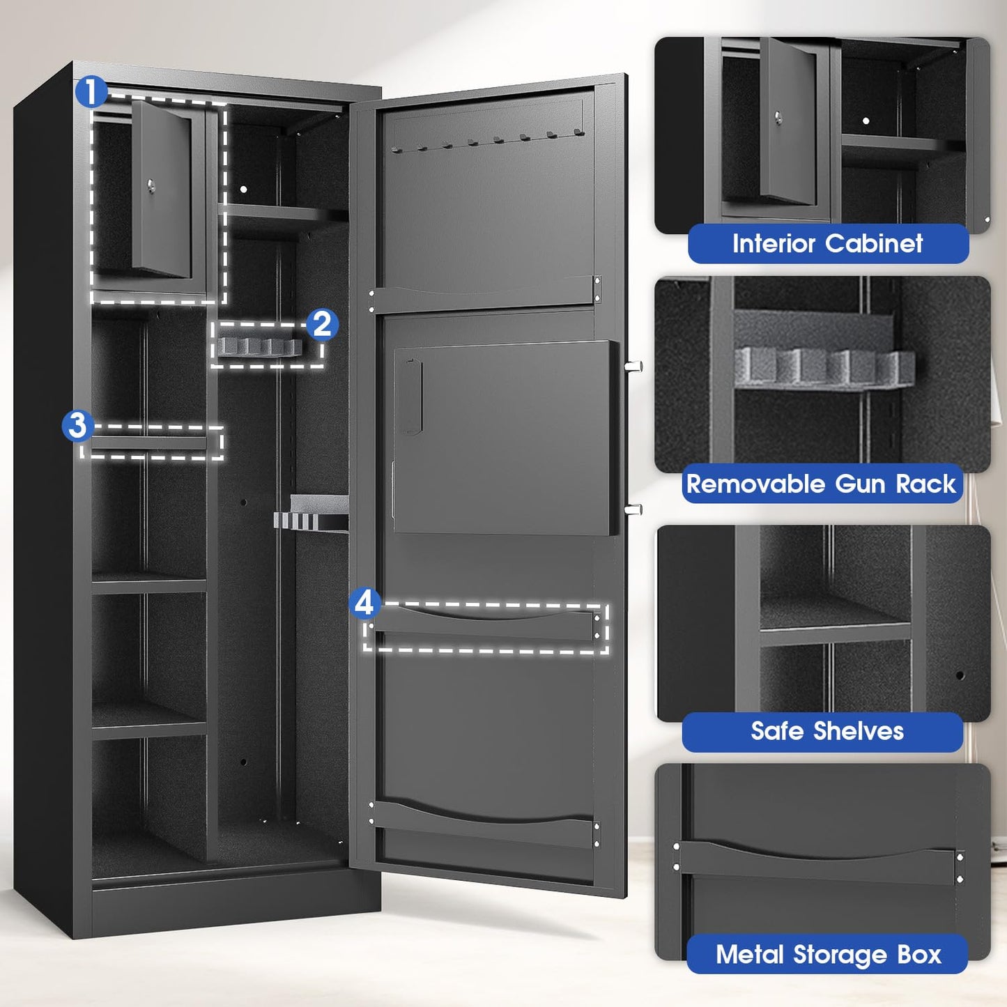 Biometric Gun Safe Rifle, Gun Safes for Rifles and Pistols, 10-15 Gun Cabinet with Pistol Storage and Adjustable Racks, Fingerprint Gun Cabinet for Home Accessories Storage with Removable Gun Racks