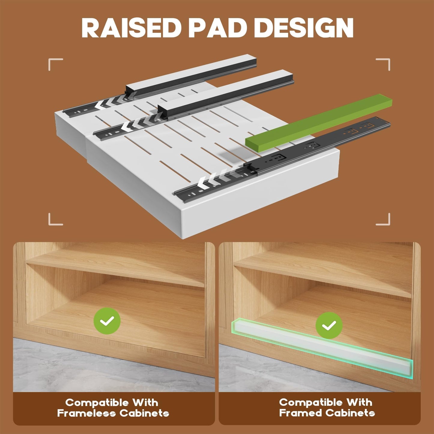 Seinloes 4 Pack Expandable (15.1"-26.3") Pull Out Cabinet Organizer 21" Deep With Raising Pad for Framed Cabinets,Upgrade 3 Slide Rails Slide Out Drawers,No Drill Roll Out Shelves Adhesive,White