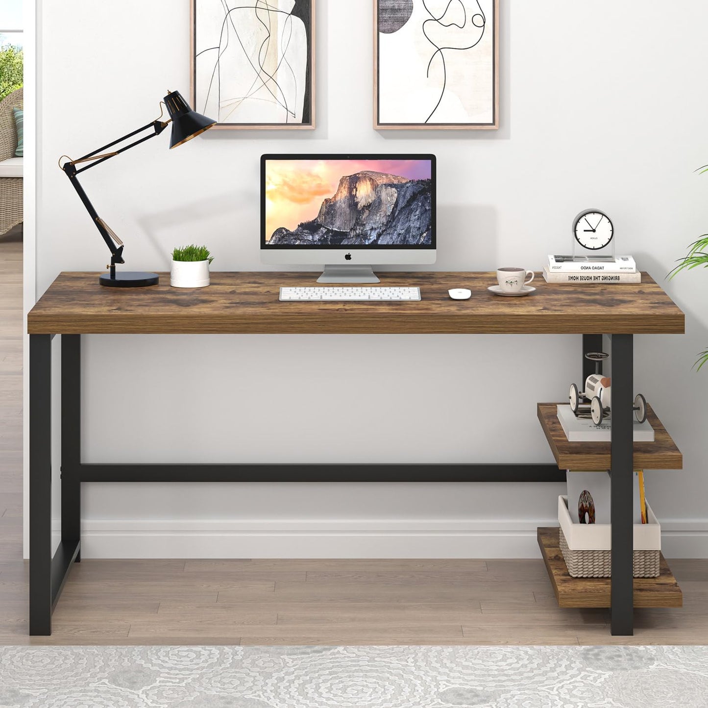 EXCEFUR Modern Computer Desk, Home Office Desk with Storage Shelf, Wood Study Writing Table Workstation for Bedroom Living Room, Rustic Brown, 53 Inch