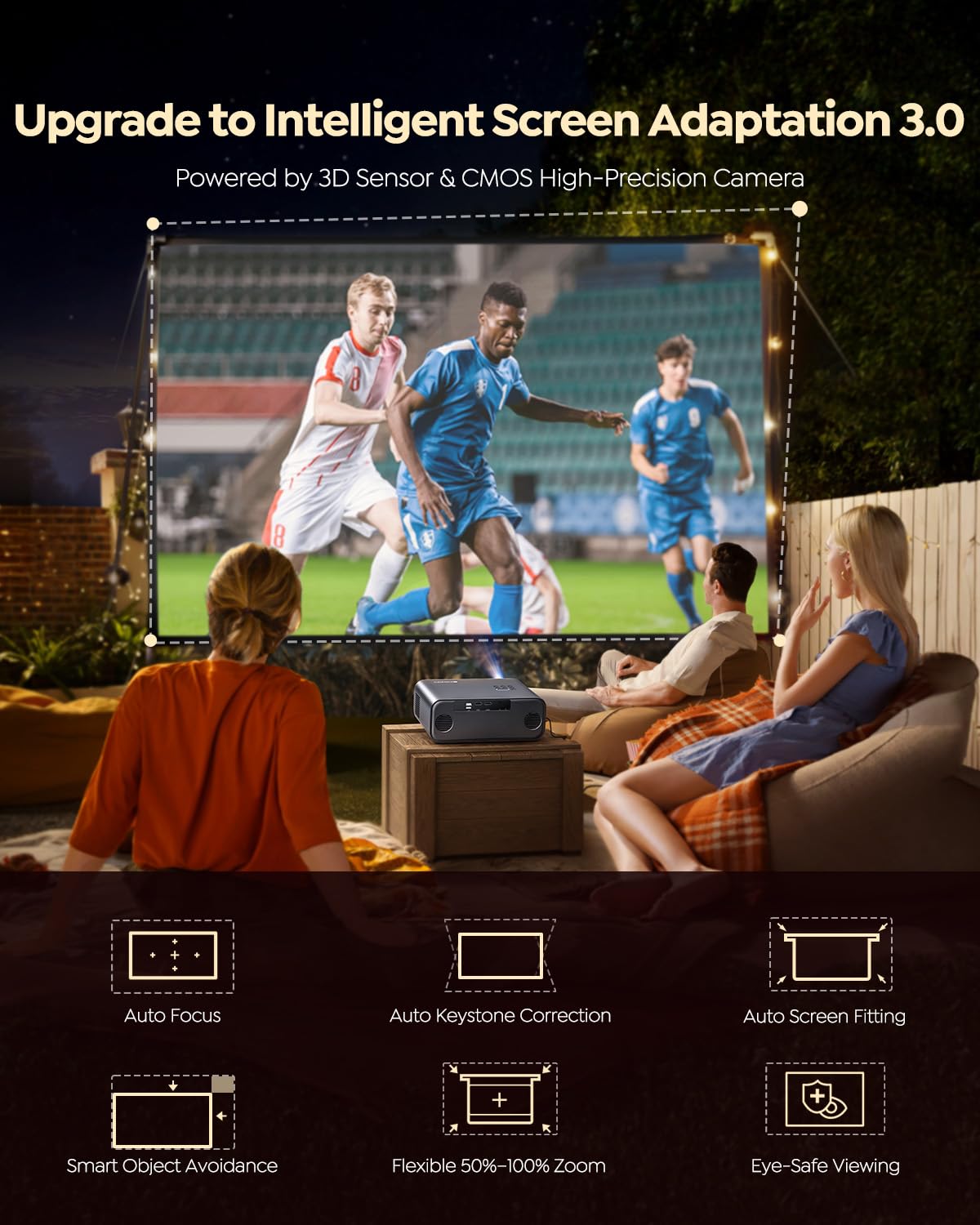 [Built-in Apps/4K Support] Smart Outdoor Projector with WiFi and Bluetooth, Movie Projector, DoIby Audio with Dual Speaker, Auto Focus w/ YouTube&PrimeVideo Proyector, Upgrad P62 Pro