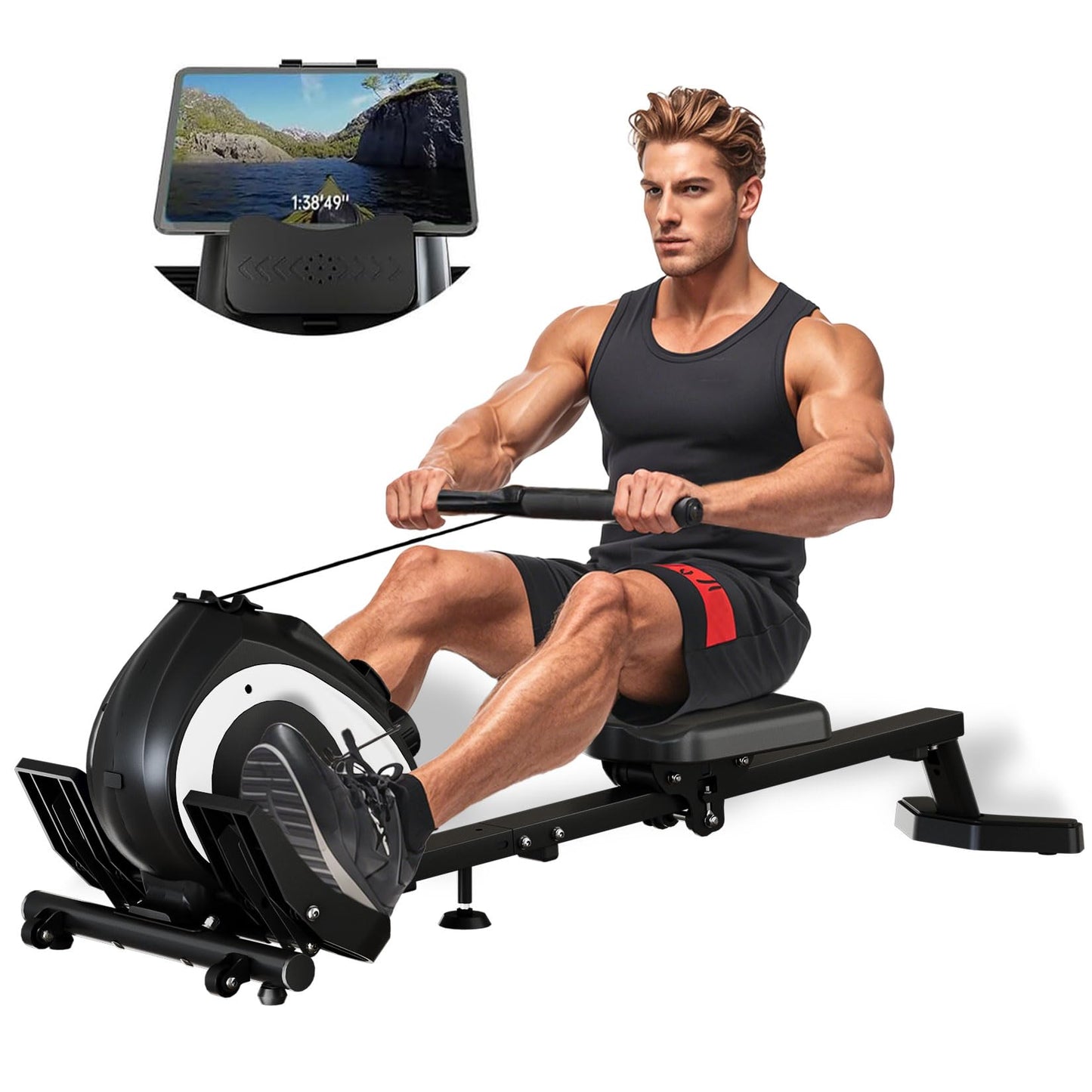 Magnetic Rowing Machine for Home | Adjustable 8-Speed Booster | Burn Fat & Sculpt Muscles | Supports Up to 265 LBS | Phone/Tablet-Ready Design