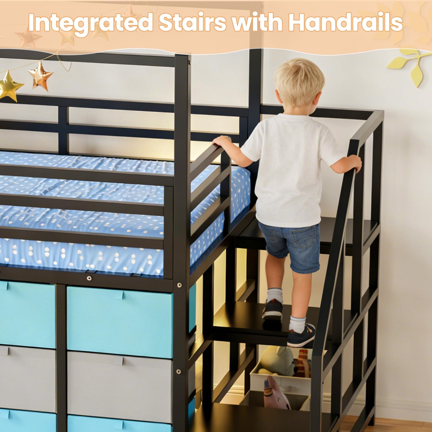 Zerduos Low Loft Bed Full Size with 9 Storage Drawers, Full Loft Bed with Stairs,Bedside Storage, Metal Full Loft Bed for Kids with 11.8" &22.5" H Safety Guardrail, Under-Bed Play Space