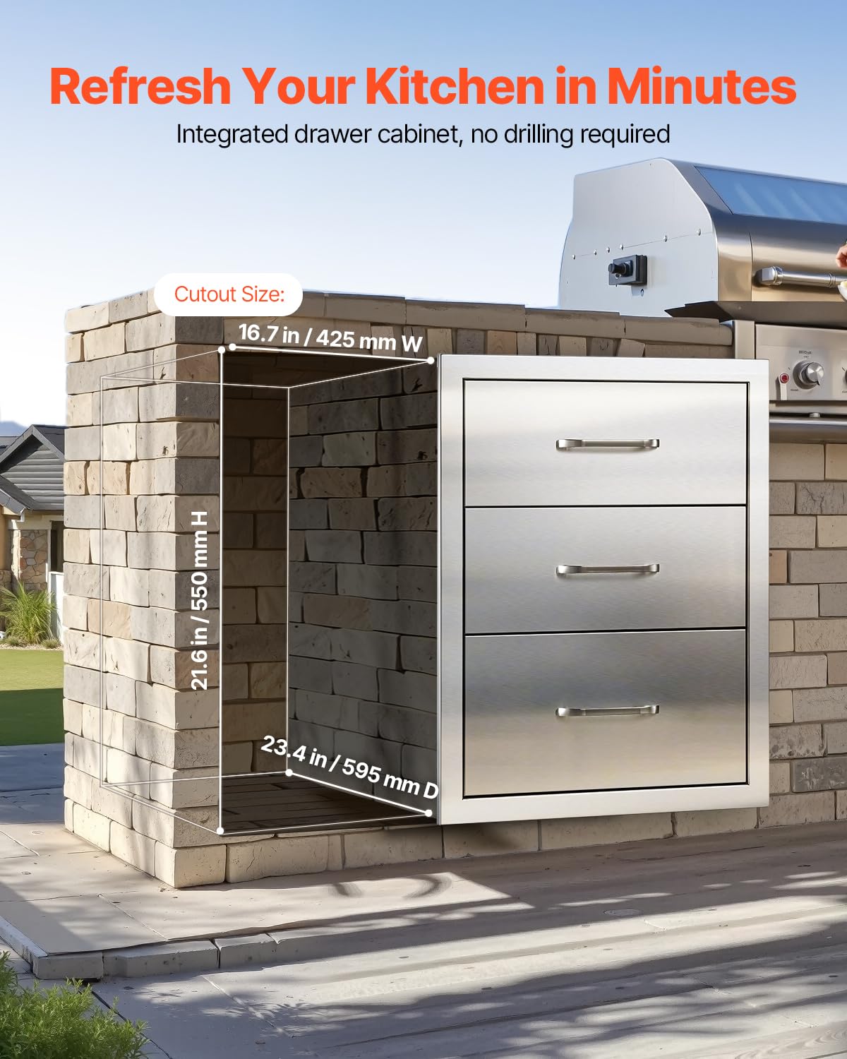 VEVOR Outdoor Kitchen Cabinets 18.11"W x 23.23"D x 23.23"H, Triple-Access Stainless Steel BBQ Drawers with Handles, BBQ Island Drawer for Outdoor Kitchens, Barbeque Island Patio Grill Station