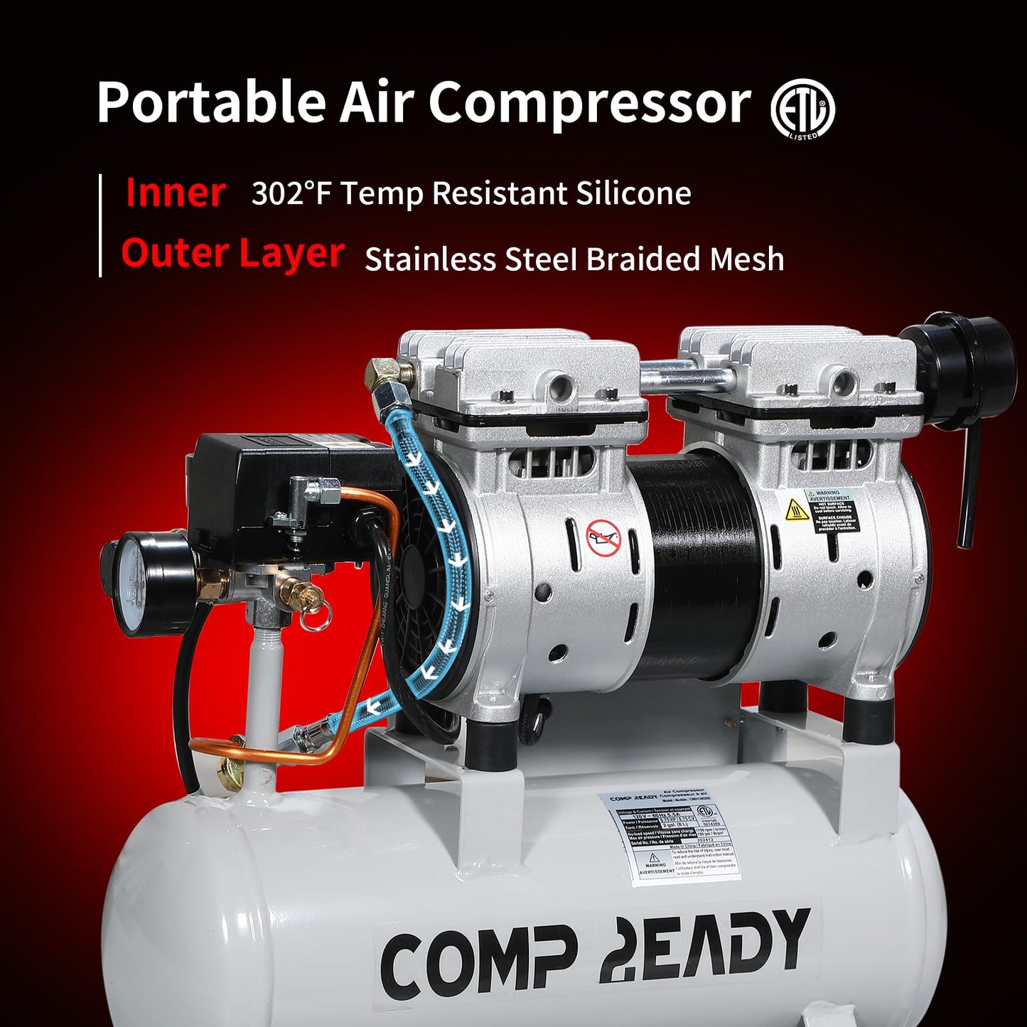 6 Gallon Portable Air Compressor 1HP 2.5 CFM@90PSI 60dB Ultra Quiet Oil Free Air Compressor Ideal for Tire Inflation Pneumatic Tool Spray Painting