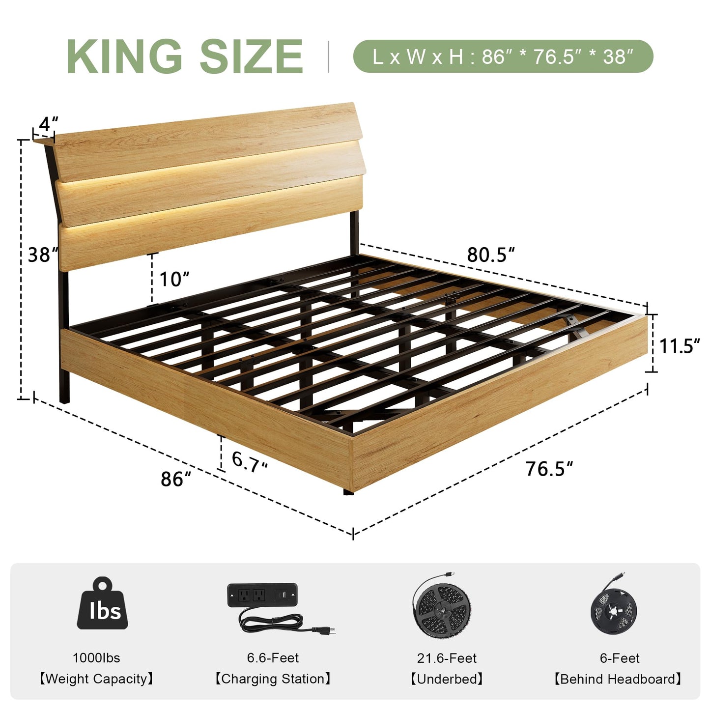 Feonase Floating Bed Frame King with Led Lights and Charging Station, Wood Full Size Bed Frame with Storage Headboard, Heavy Duty Metal Slats, No Box Spring Needed, Easy Assembly,Oak