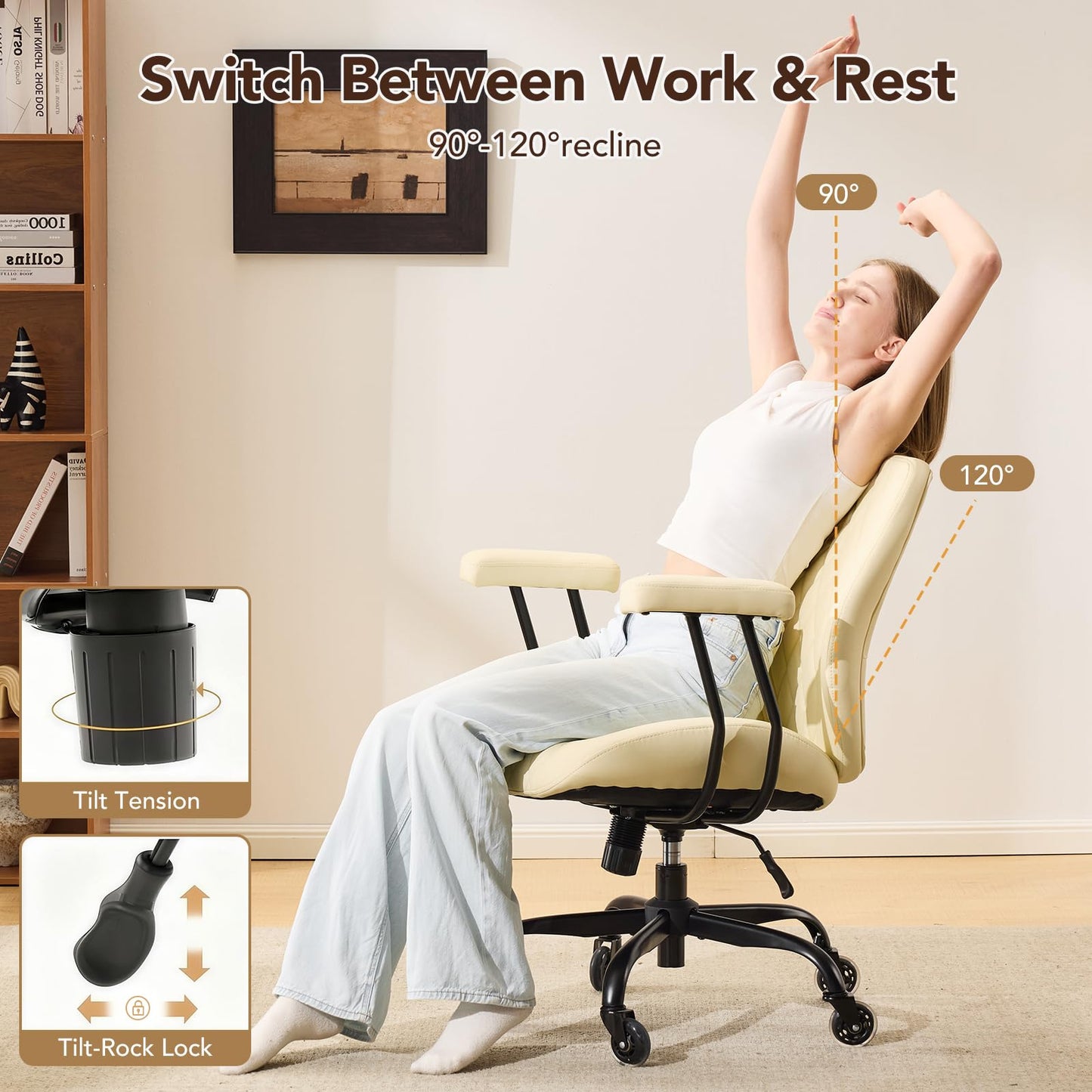 YFO Home Office Desk Chair Office Rubber Casters Ergonomic Computer Chair with Lumbar Support Adjustable Height Rolling Swivel Executive Task Armrests Chair， Cream Leather
