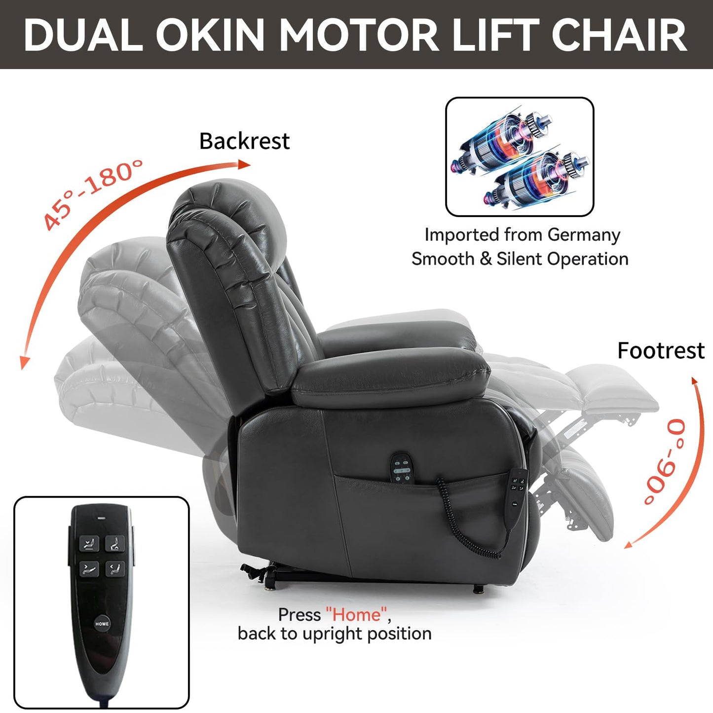 KEIKI Oversized Recliner Chair Electric Dual Motor Lift Leather Recliner for Elderly, Synthetic Leather Upholstery with Infinite Position and Back Massager with Heat, Rocking Lounge Chair, Grey