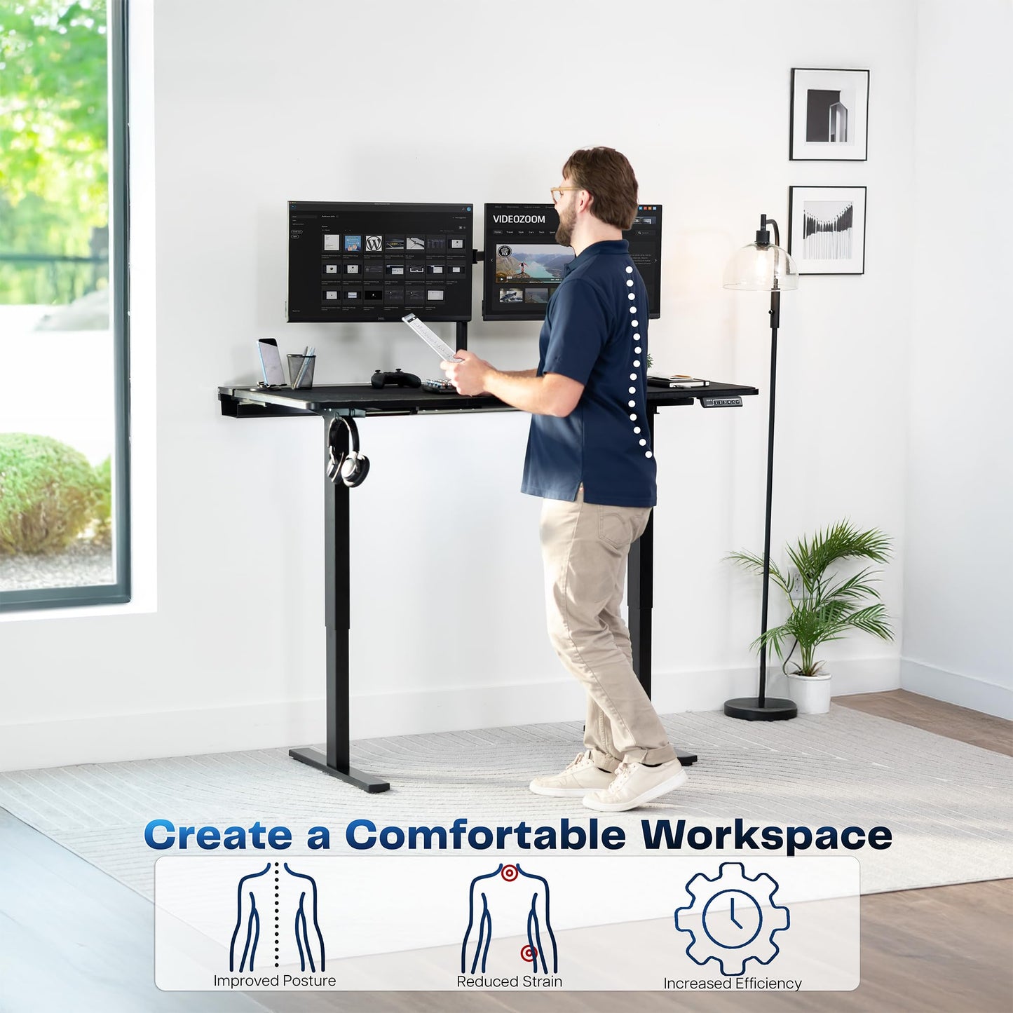 VIVO Electric 60 x 30 in Standing Adjustable Gaming Desk with Hidden Cable Trays, Full-Size Mouse Pad, Holds 220 lbs, Black Top Black Frame, DESK-KIT-1B6-P3B