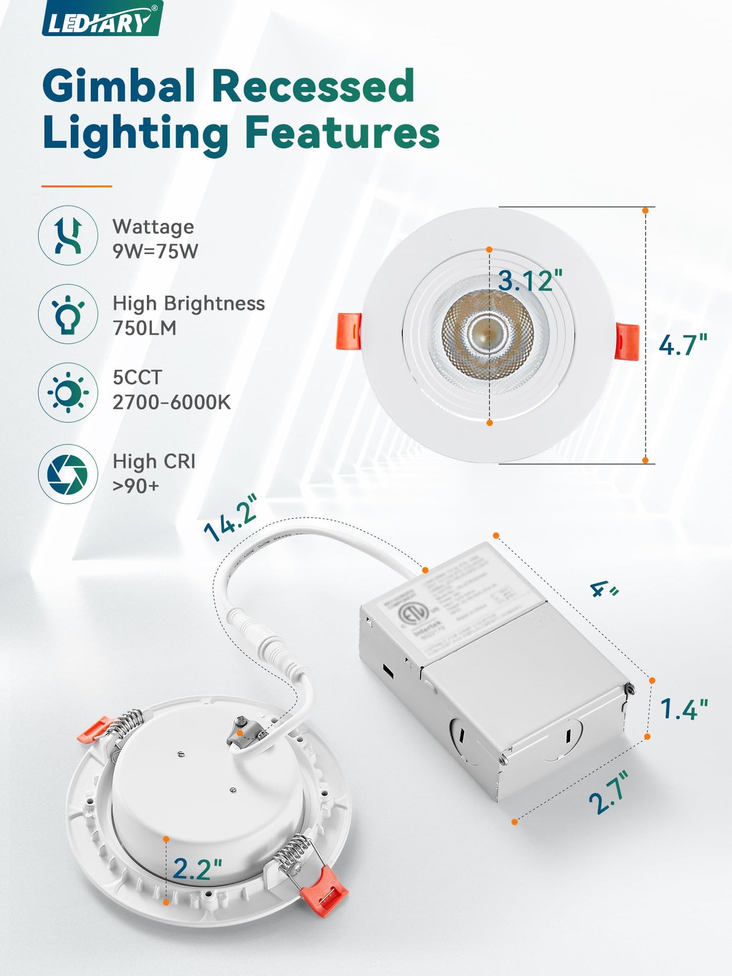 LEDIARY 12 Pack Gimbal LED Recessed Lighting, 4 Inch, 5CCT Adjustable 2700K-6000K, 750LM, Canless Down Light,