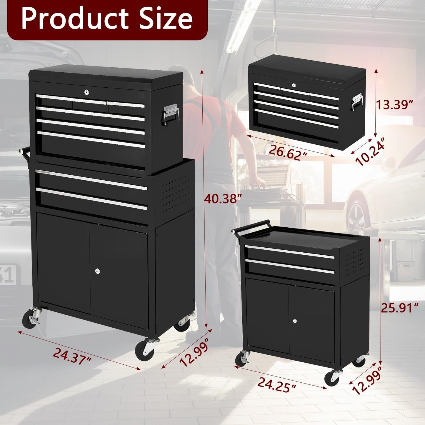 8-Drawer Rolling Tool Chest, 2-in-1 Detachable Top Tool Cabinet with Removable High Capacity Storage, Sliding Drawers, Wheels, Locking System & Liners for Workshop, Mechanics, Garage and Warehouse Use