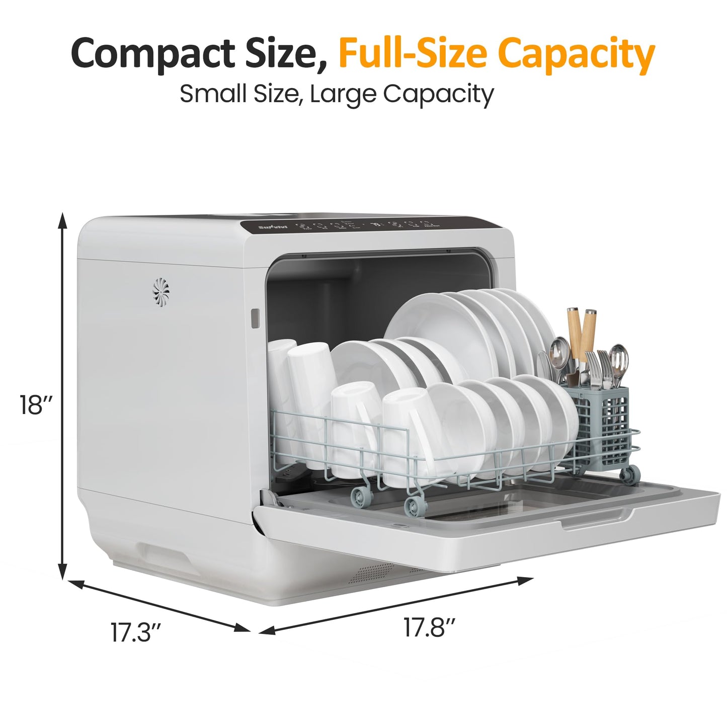 Sunvivi Portable Dishwasher with 152OZ Water Tank, 18" Countertop Dishwasher Machine fits up to 12" plates, Energy Star, 6 Preset Mode, 12H Delay Start, Small Dish Washer for Dorm RV&Apartment, White