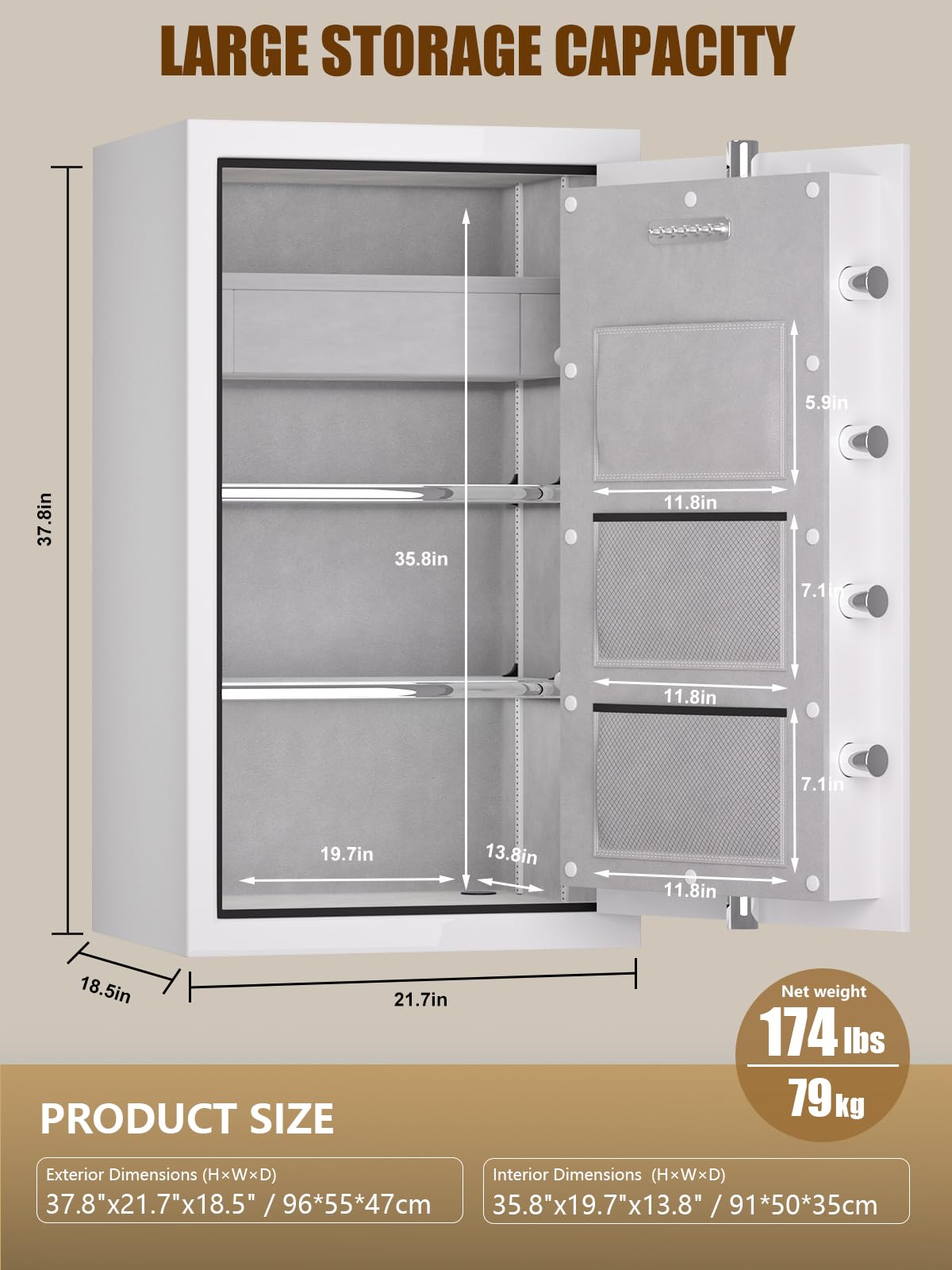 TIGERKING 8.78 Cu Ft Large White Fireproof Waterproof Home Safe, Jewelry Closet Floor Safe for Valuables, Heavy Duty Steel Security Safes with Digital Lock, Drawer and Adjustable Shelves