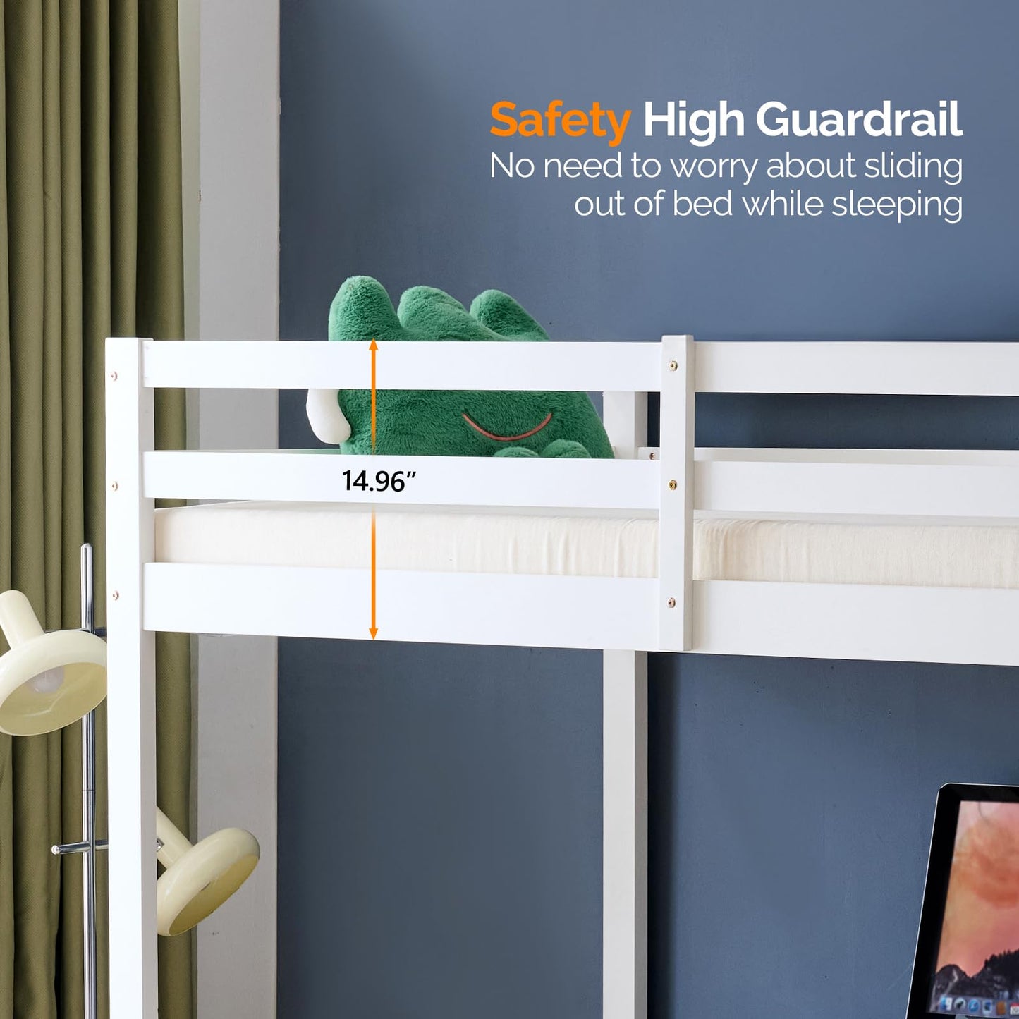 VINGLI Loft Bed with Desk, Wood Bunk Bed Twin Size with RGB LED for Adults, 2 Charging Station on High Guardrail and Desk,Wood Slat Support, White