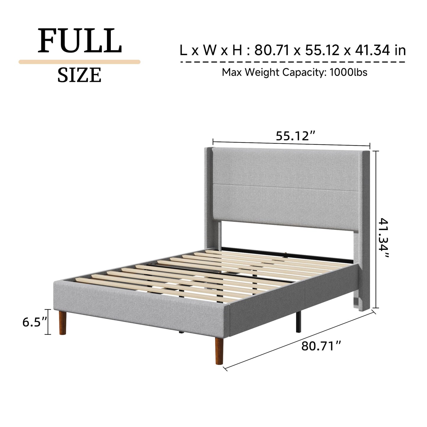 Mxhtcewz Full Size Bed Frame, Linen Upholstered Platform with Wingback Headboard, Wooden Slats Support, No Box Spring Needed, Easy Assembly, Lightgrey