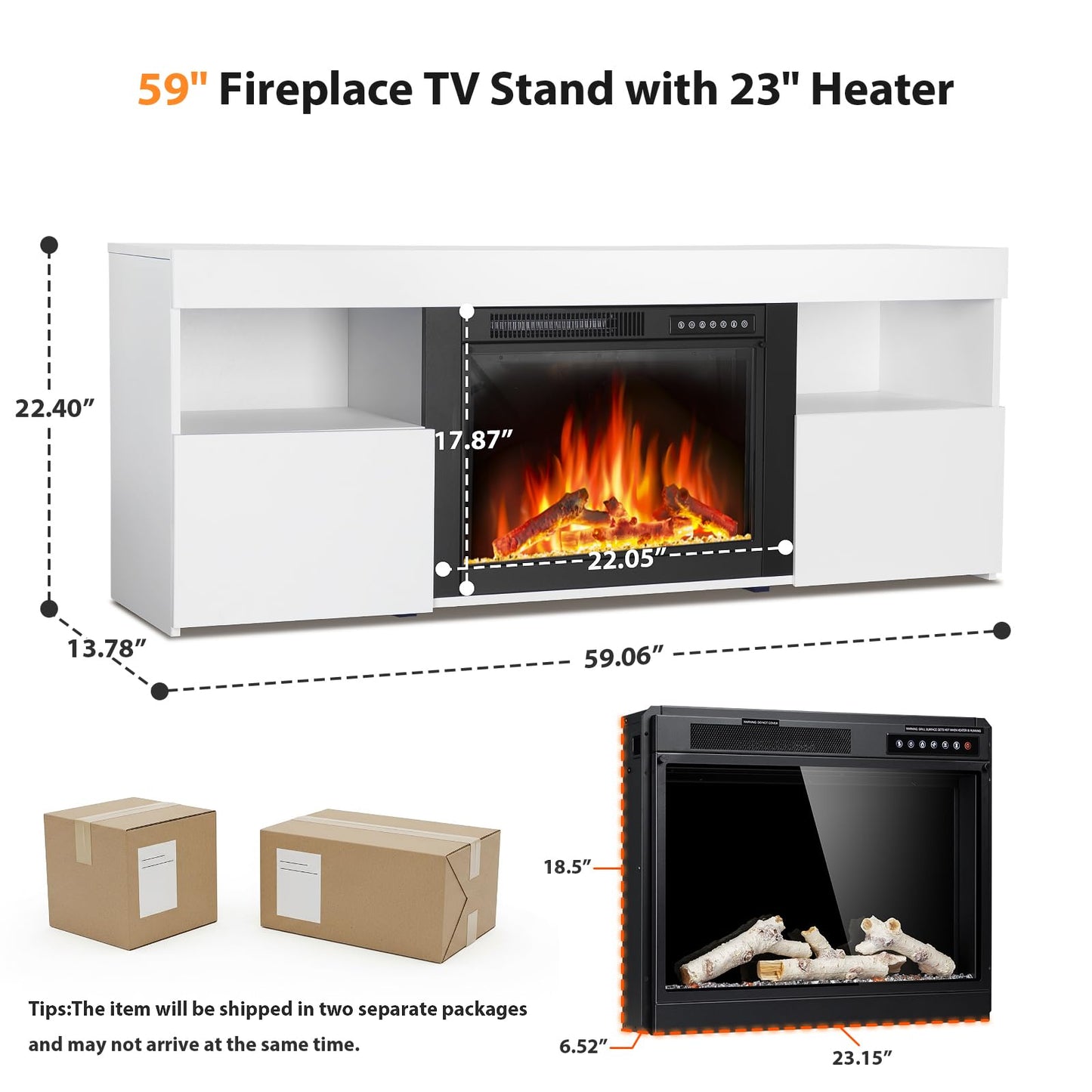Electactic 59" Electric Fireplace TV Stand with Mantel, Storage Cabinet, Remote Control for LED Flame & Heater, for Living Room & Bedroom White