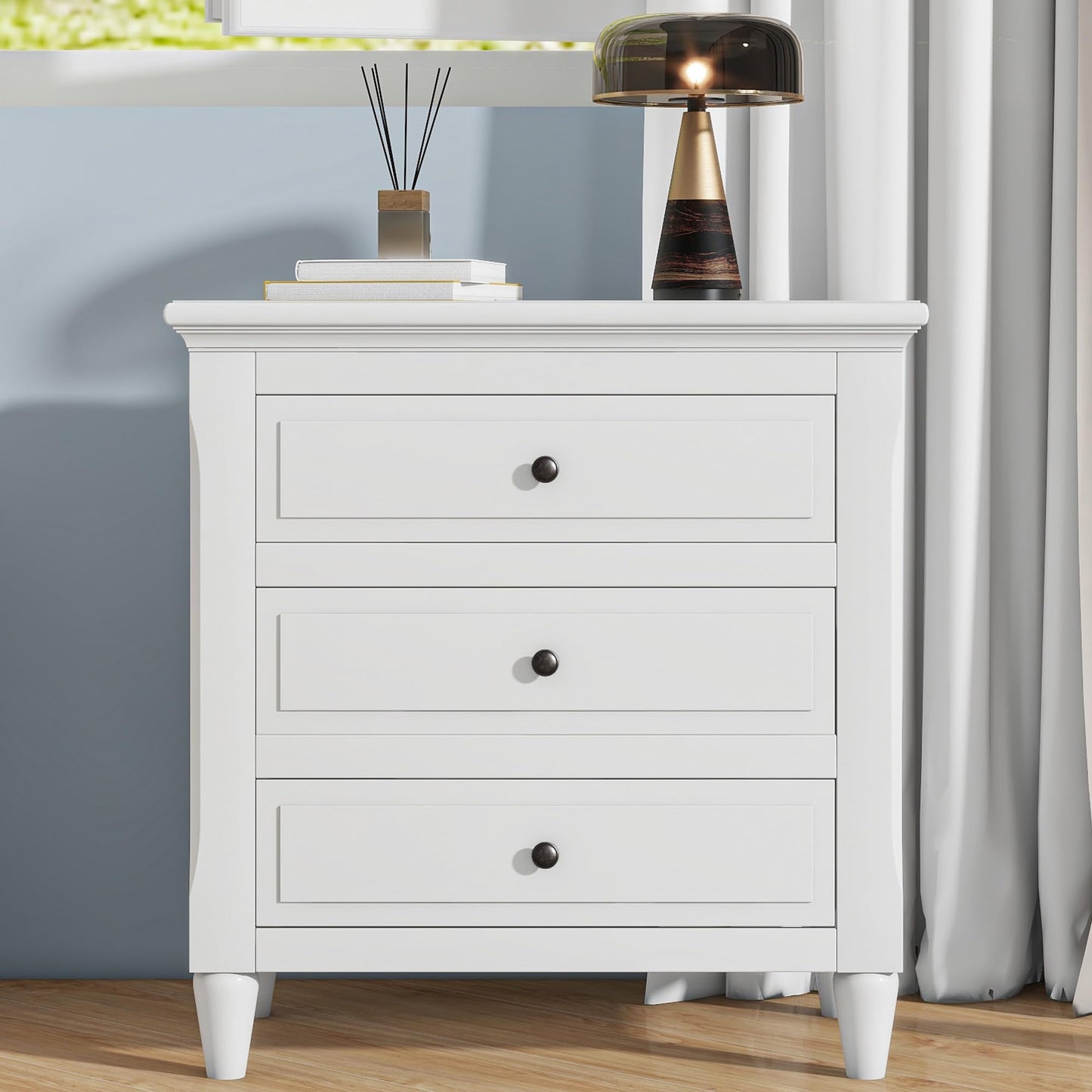 Knocbel Modern Nightstand with 3 Storage Drawers, Solid Wood Bedside Night Stand Sofa Side End Table, Fully Assembled (White)