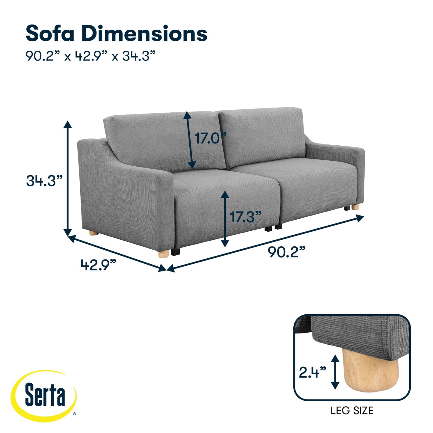 Serta Glendale 90.2" Queen Size Wall-Hugging Convertible Sofa, Dreamcoil Comfort, Chenille Fabric, Grey