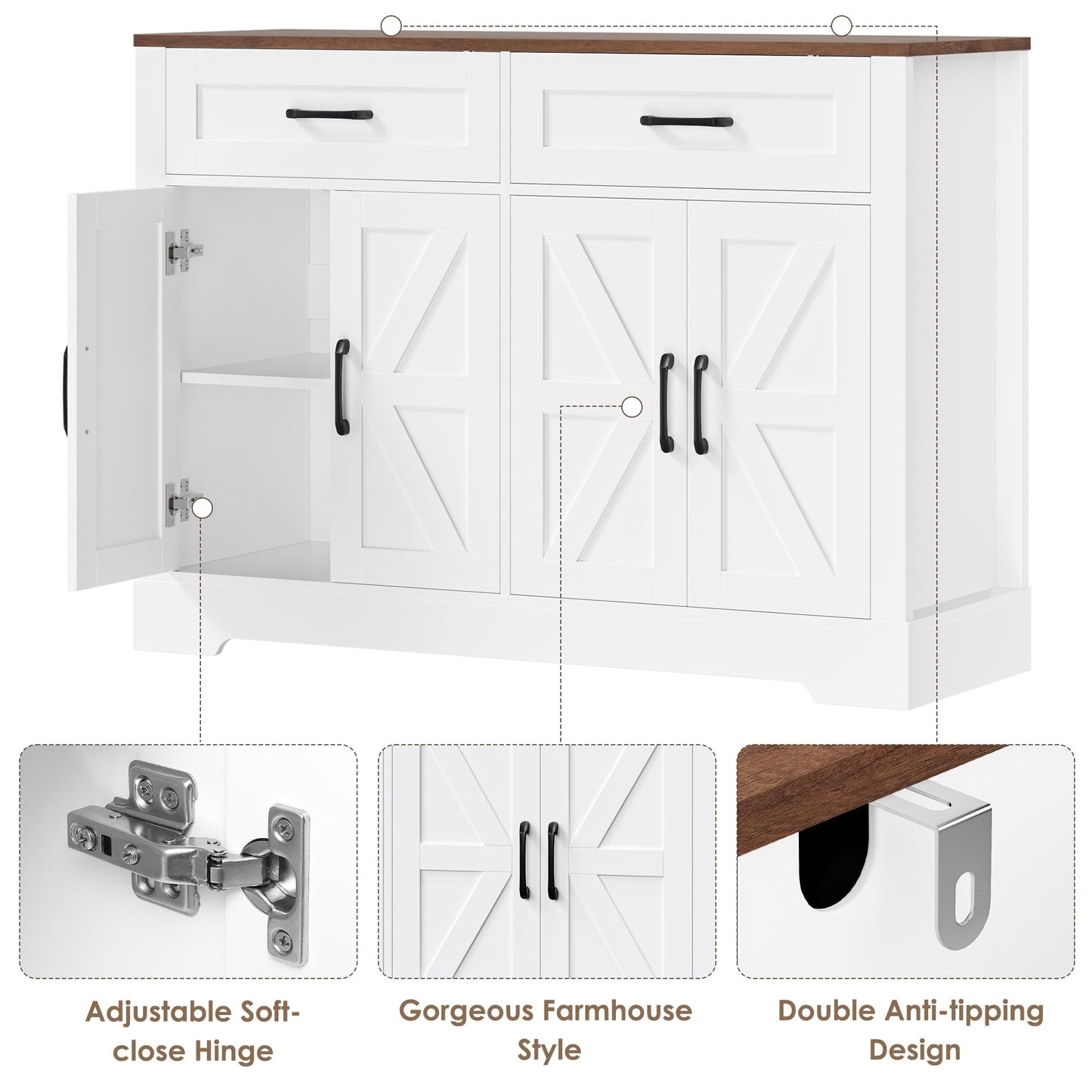 BOTLOG 47.2" Farmhouse Buffet Cabinet with Storage, Sideboard Cabinet with Drawers, Kitchen Storage Cabinet with Shelves for Living Room, Entryway, Rustic White