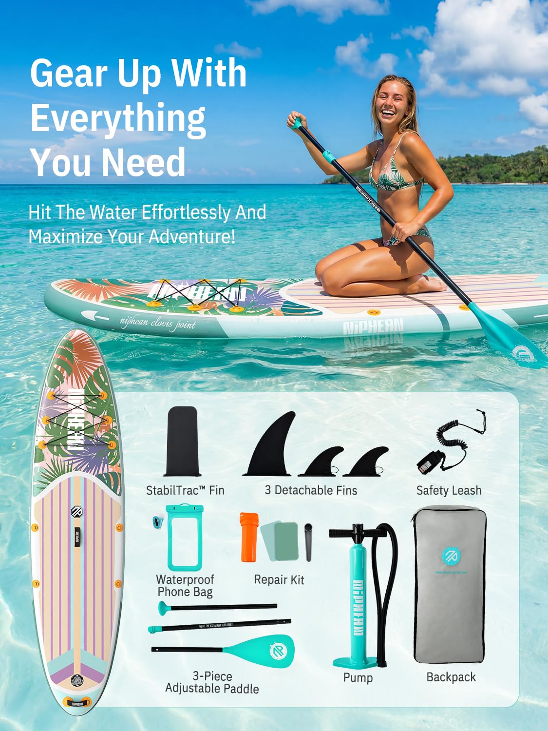 Niphean Inflatable Stand Up Paddle Board with Stabiltrac Fin Design and SUP Accessories, Anti-Slip EVA Deck, 10’6’’ Inflatable Paddle Boards for Adults & Youth of All Skill Levels