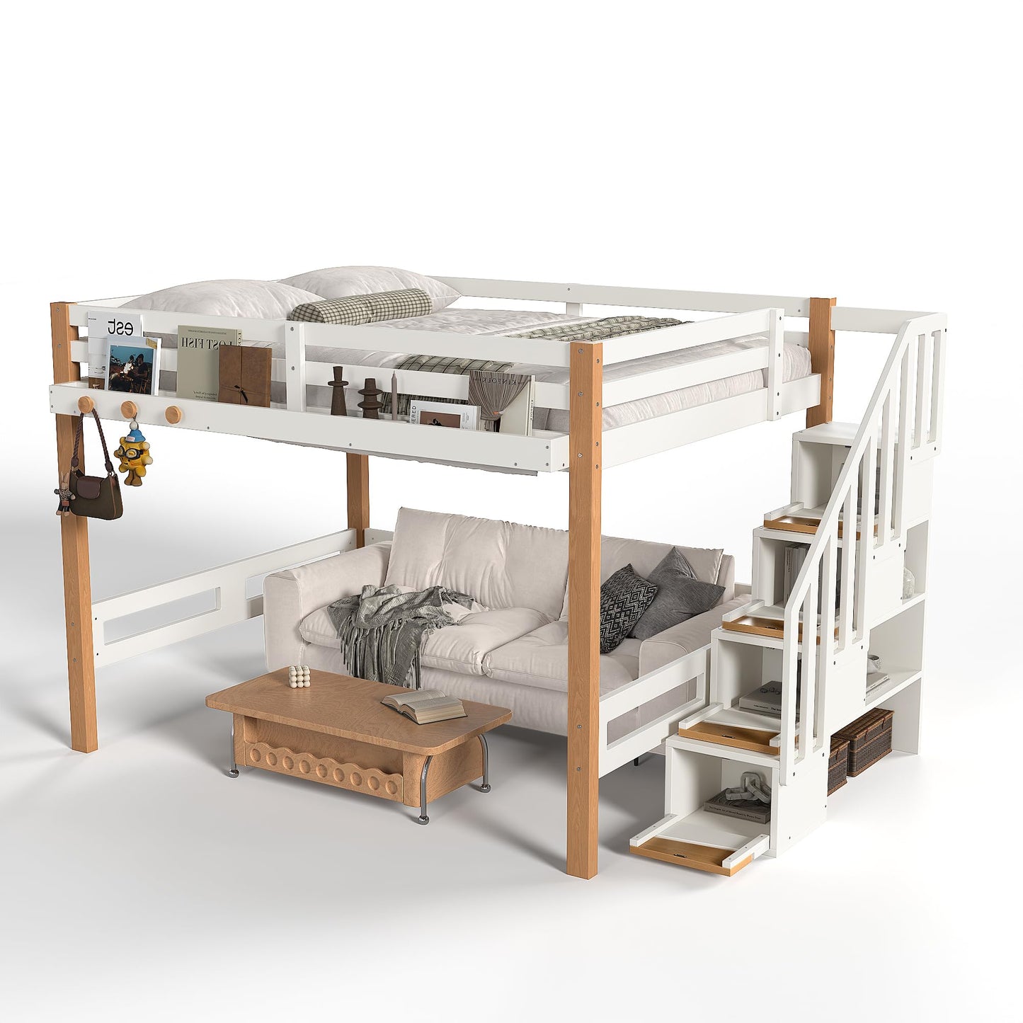 KEIKI Full Size Wooden Loft Bed Frame with Staircase & Clothes Hook & Built-in Storage Shelves, Modern Loft Bed with Solid Slat & Guardrail, No Box Spring Required, Easy Assembly, for Bedroom, Beige