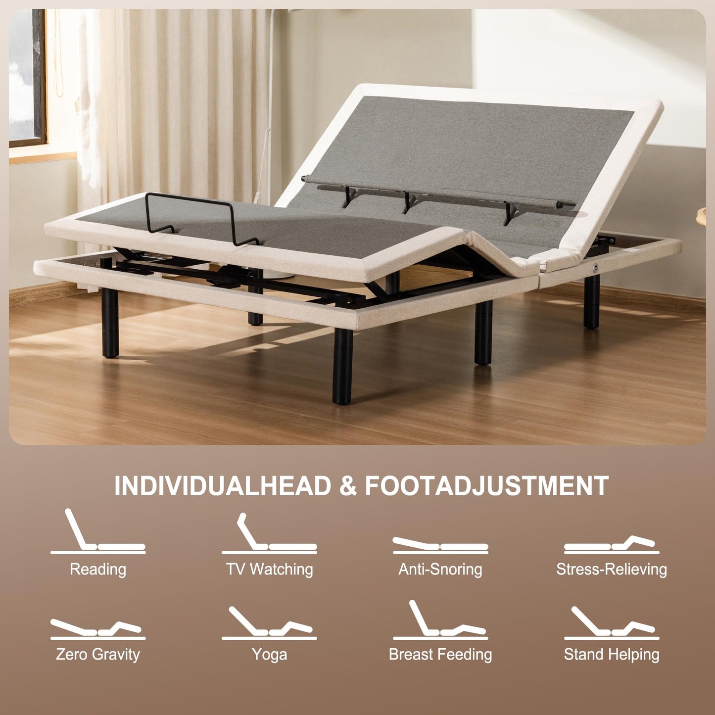 Froman Full Adjustable Bed Frame, Adjustable Bed Base with Massage, Wireless Remote, Lumber Support, Zero Gravity, Head & Foot Incline, Head Top Pillow Tilt, USB Ports, Nightlight, Anti-Snore