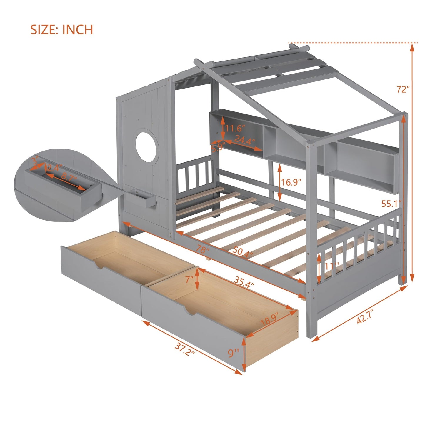 Twin Size House Bed with Storage Drawers,Kids House Bed Frame with Shelves,Cute Wood House Bed Twin with Roof for Kids,Girls,Boys,Gray